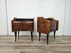Walnut 1950s nightstands with two mirrored tops