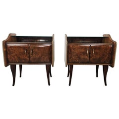 Walnut 1950s nightstands with two mirrored tops