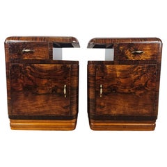 Art Deco walnut and blond walnut feather bedside tables