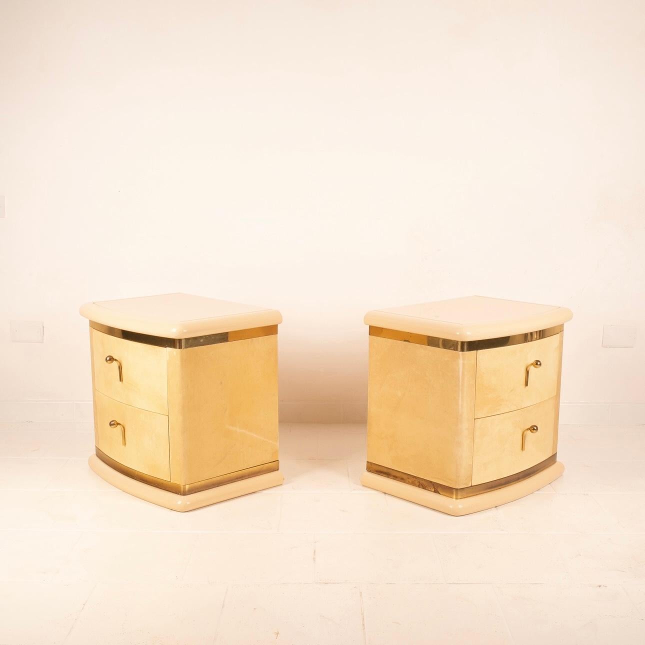 Curved parchment bedside tables by Aldo Tura for Tura Milano For Sale 6