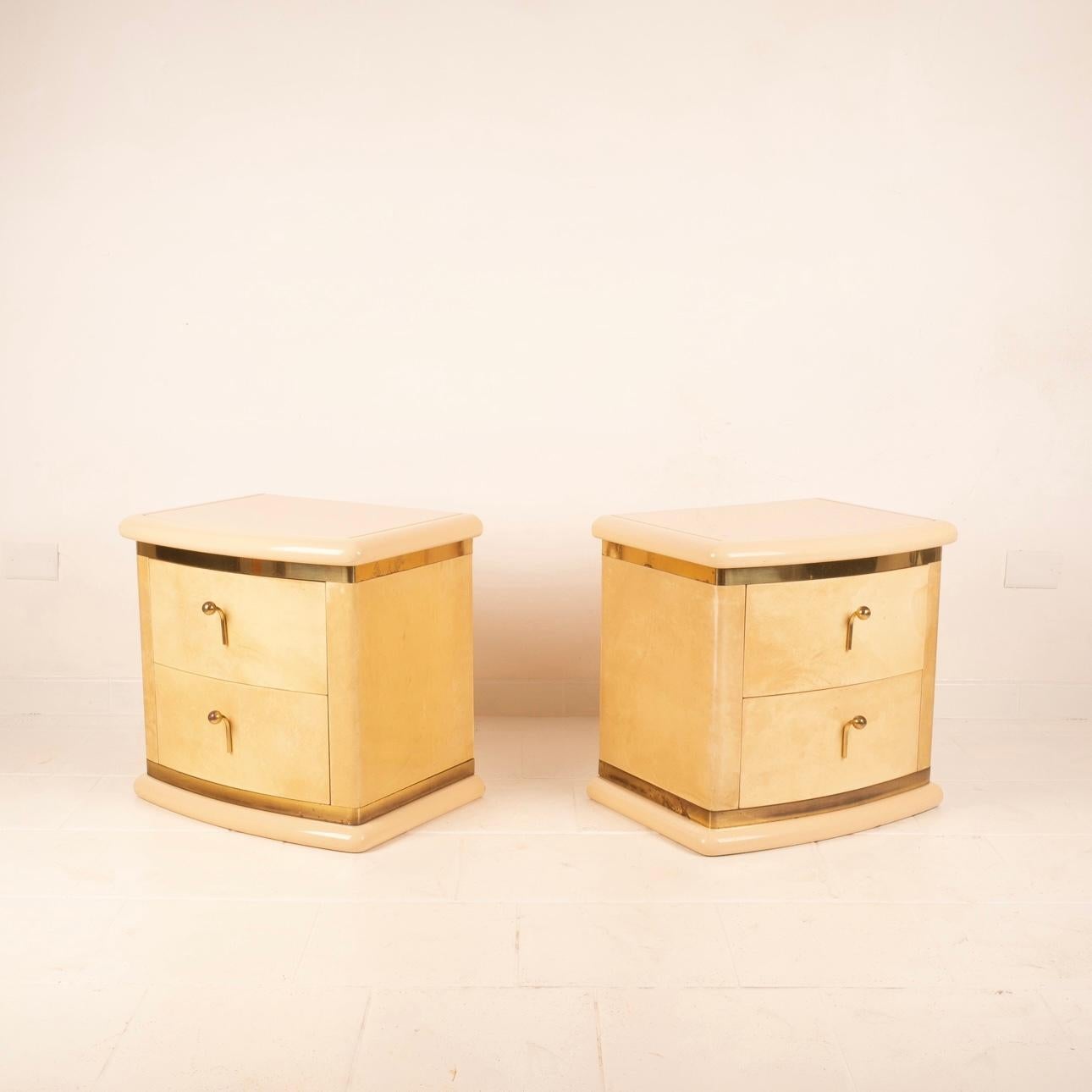 Italian Curved parchment bedside tables by Aldo Tura for Tura Milano For Sale