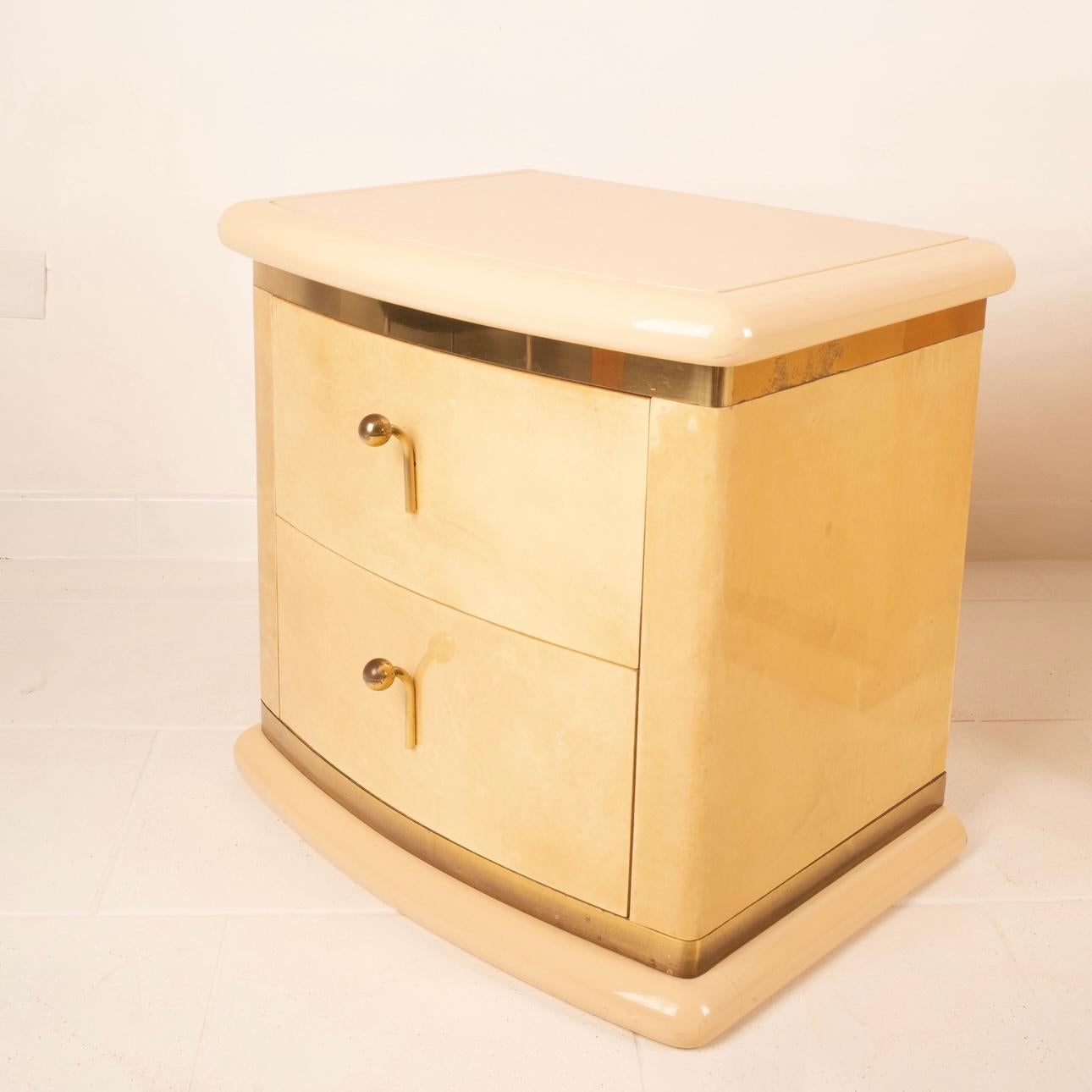 Curved parchment bedside tables by Aldo Tura for Tura Milano For Sale 1