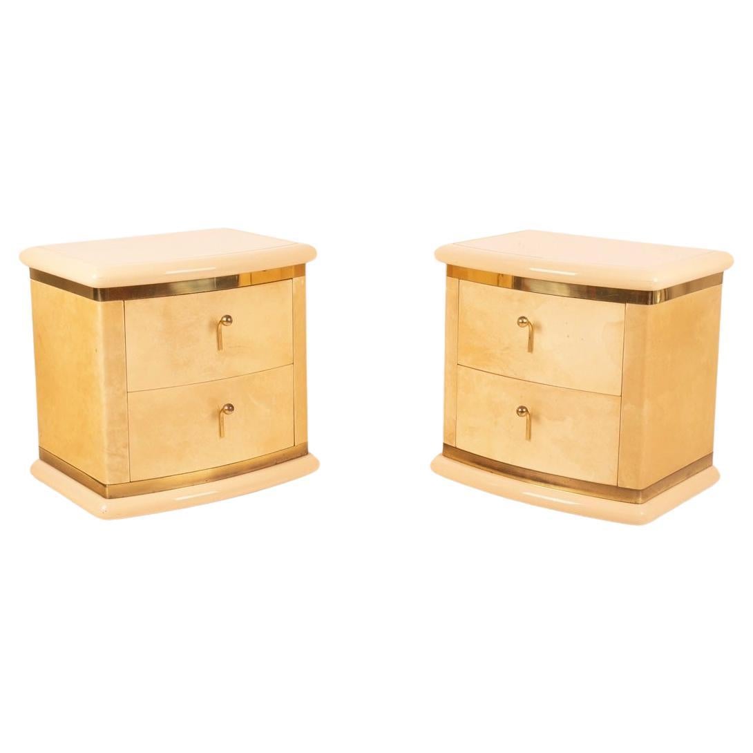 Curved parchment bedside tables by Aldo Tura for Tura Milano For Sale