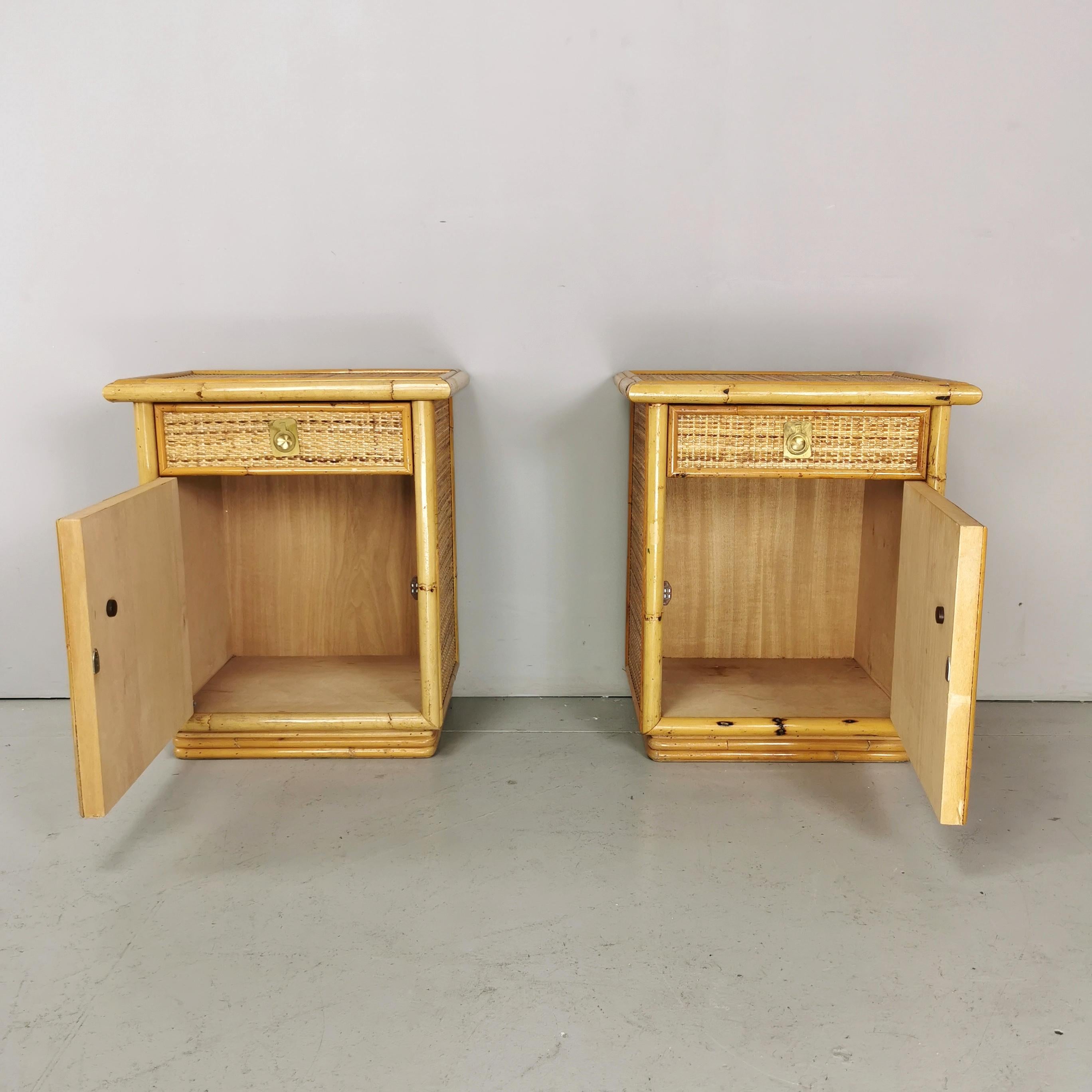 Nightstands  70s DalVera rattan bamboo with brass inserts For Sale 2