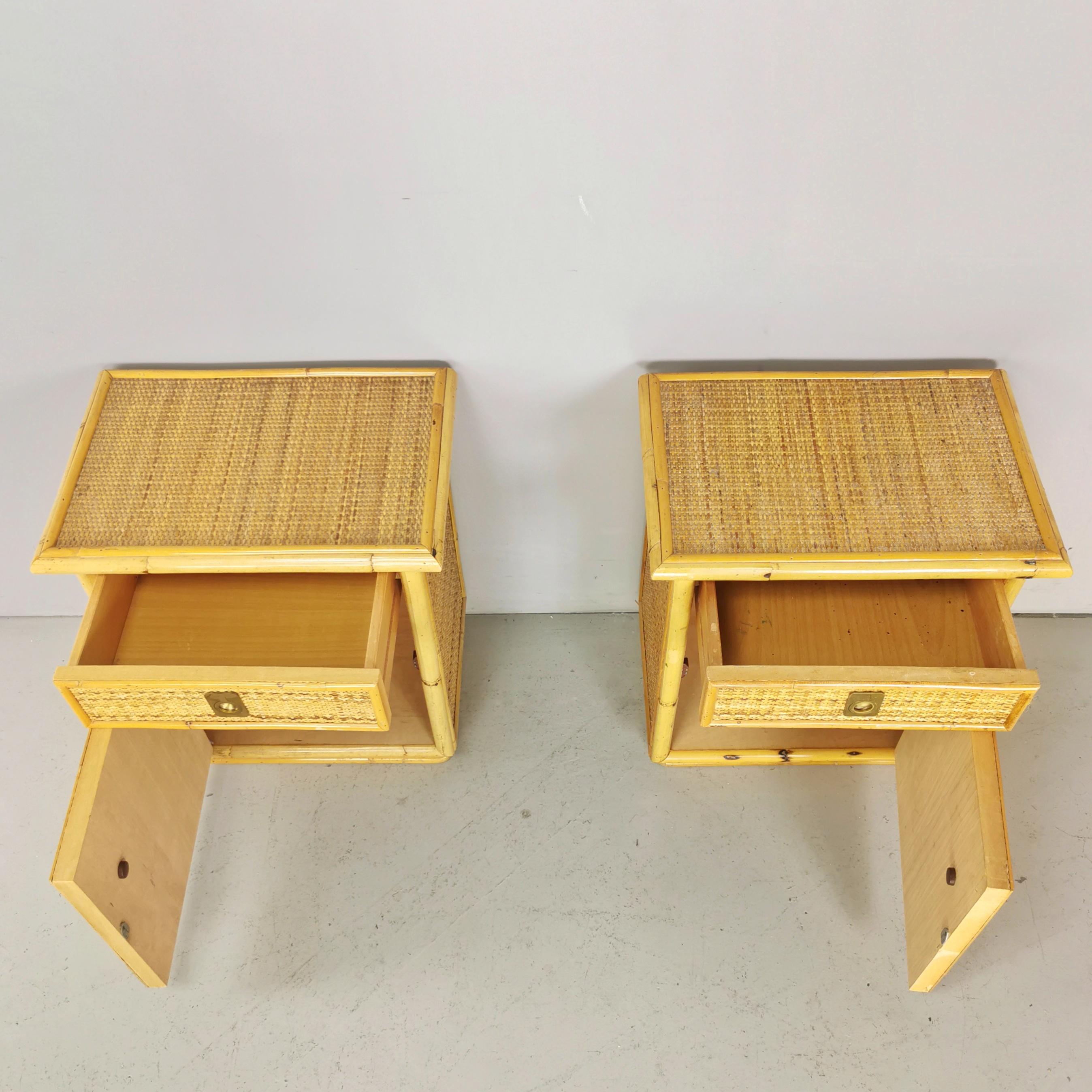 Nightstands  70s DalVera rattan bamboo with brass inserts For Sale 3