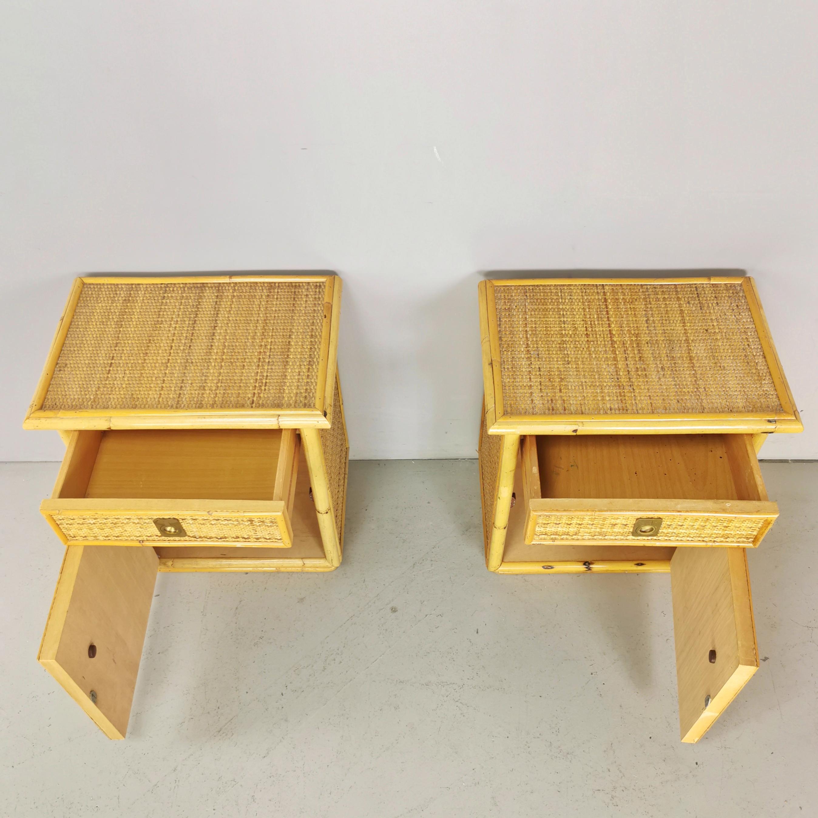 Nightstands  70s DalVera rattan bamboo with brass inserts For Sale 4