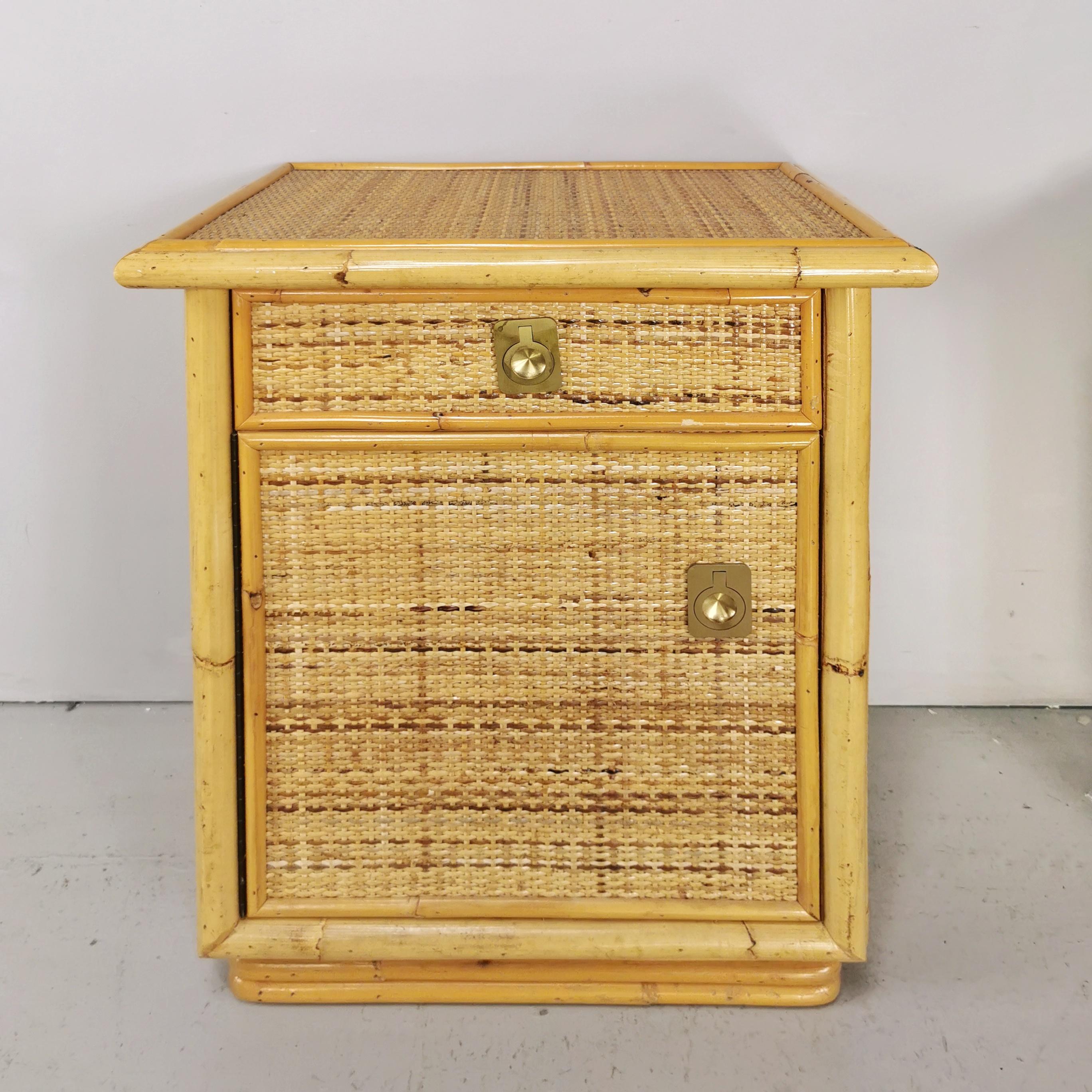 Italian Nightstands  70s DalVera rattan bamboo with brass inserts For Sale