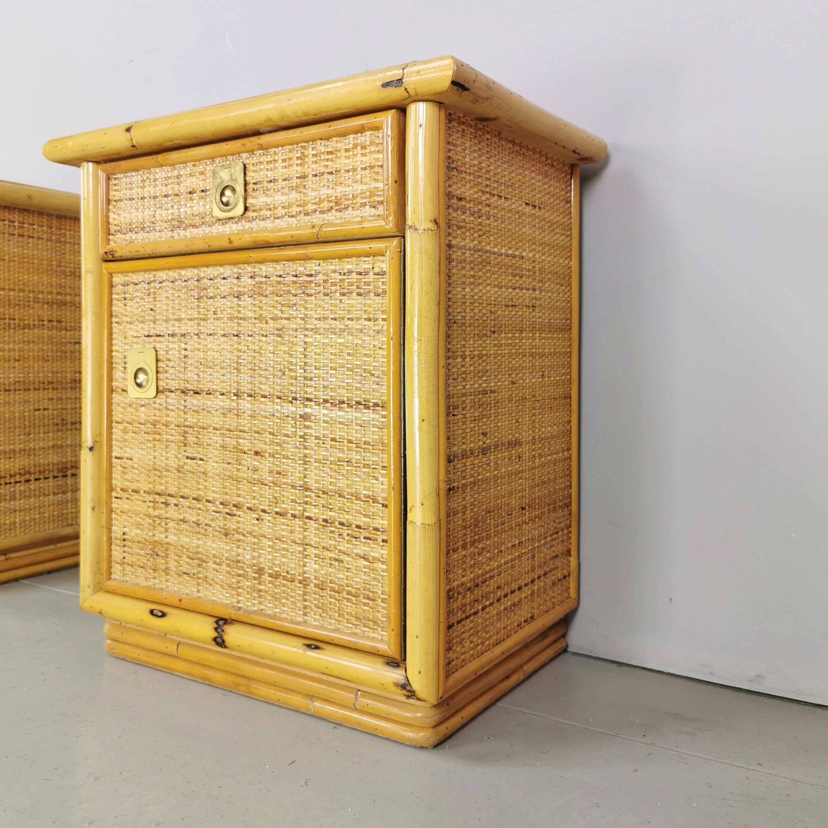 20th Century Nightstands  70s DalVera rattan bamboo with brass inserts For Sale