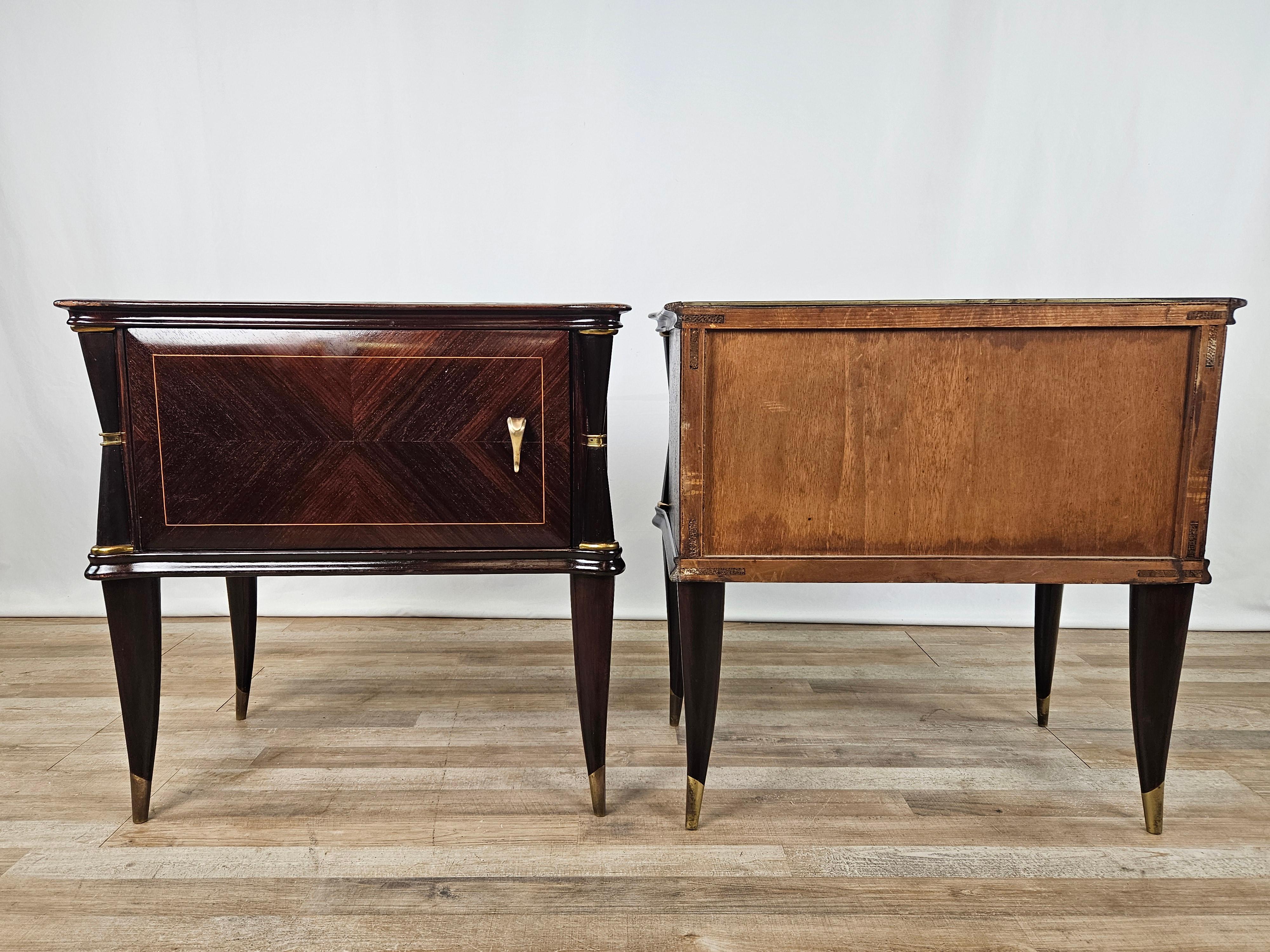 Mid-Century Modern Mahogany and rosewood bedside tables with glass top 1950s For Sale