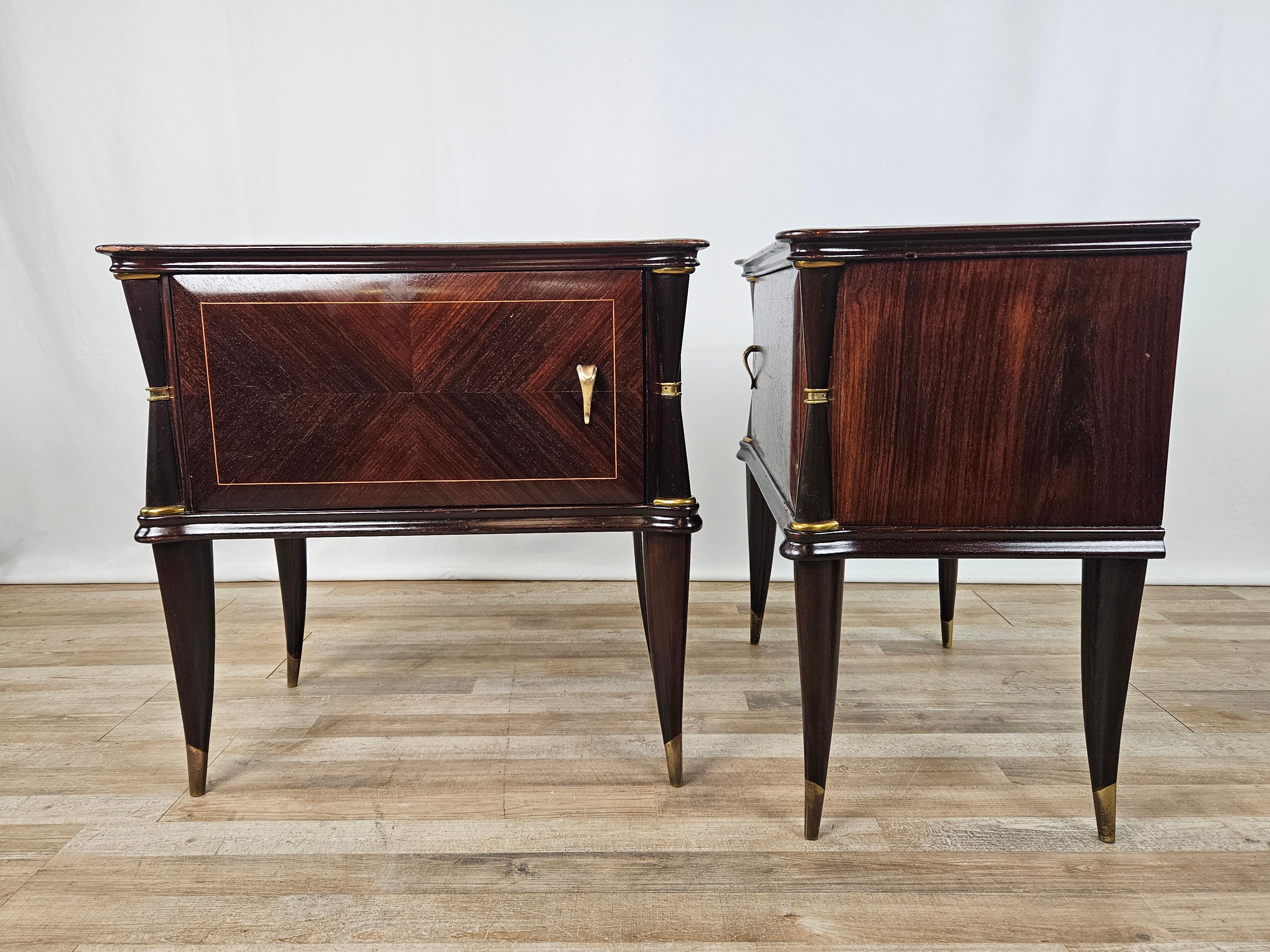 Italian Mahogany and rosewood bedside tables with glass top 1950s For Sale