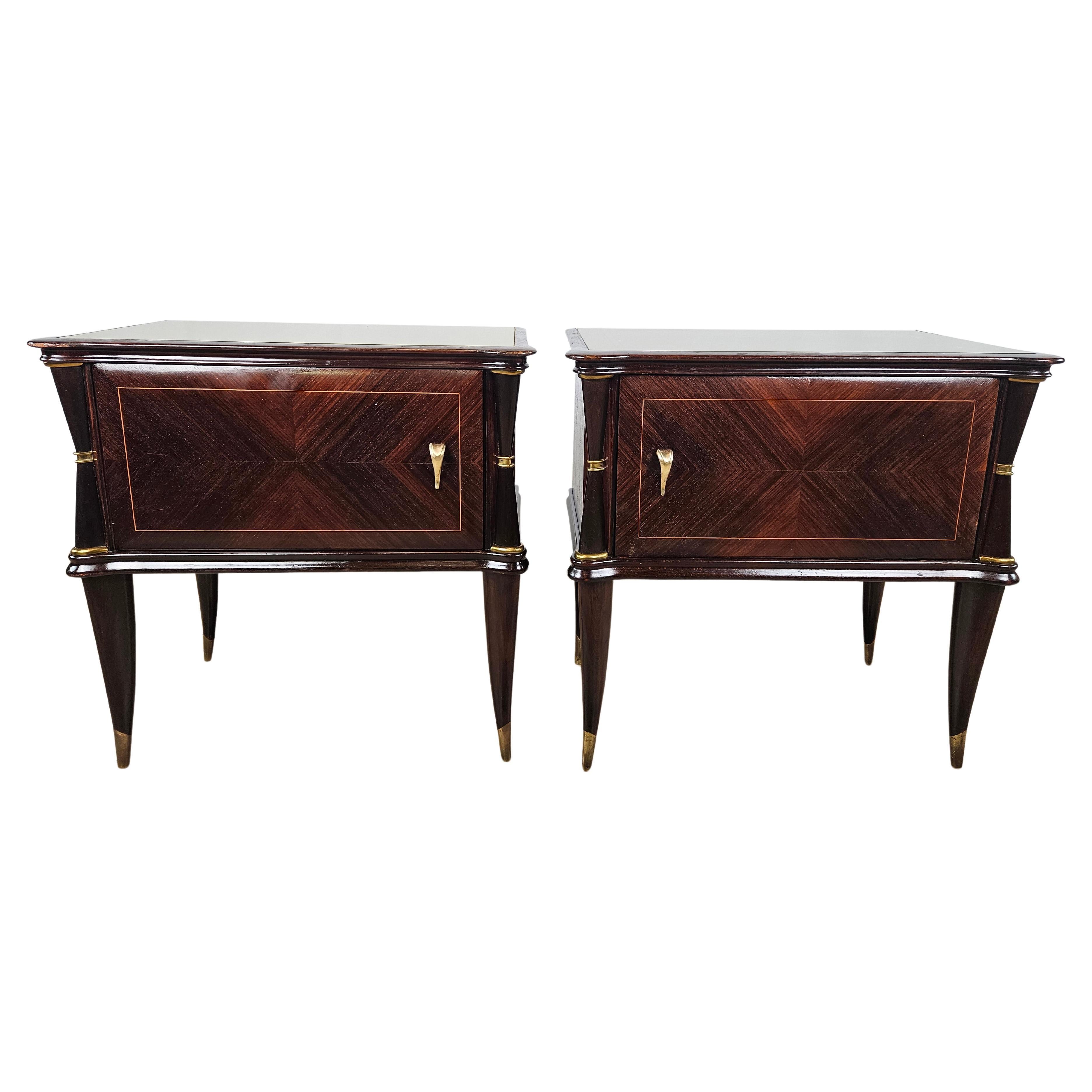 Mahogany and rosewood bedside tables with glass top 1950s