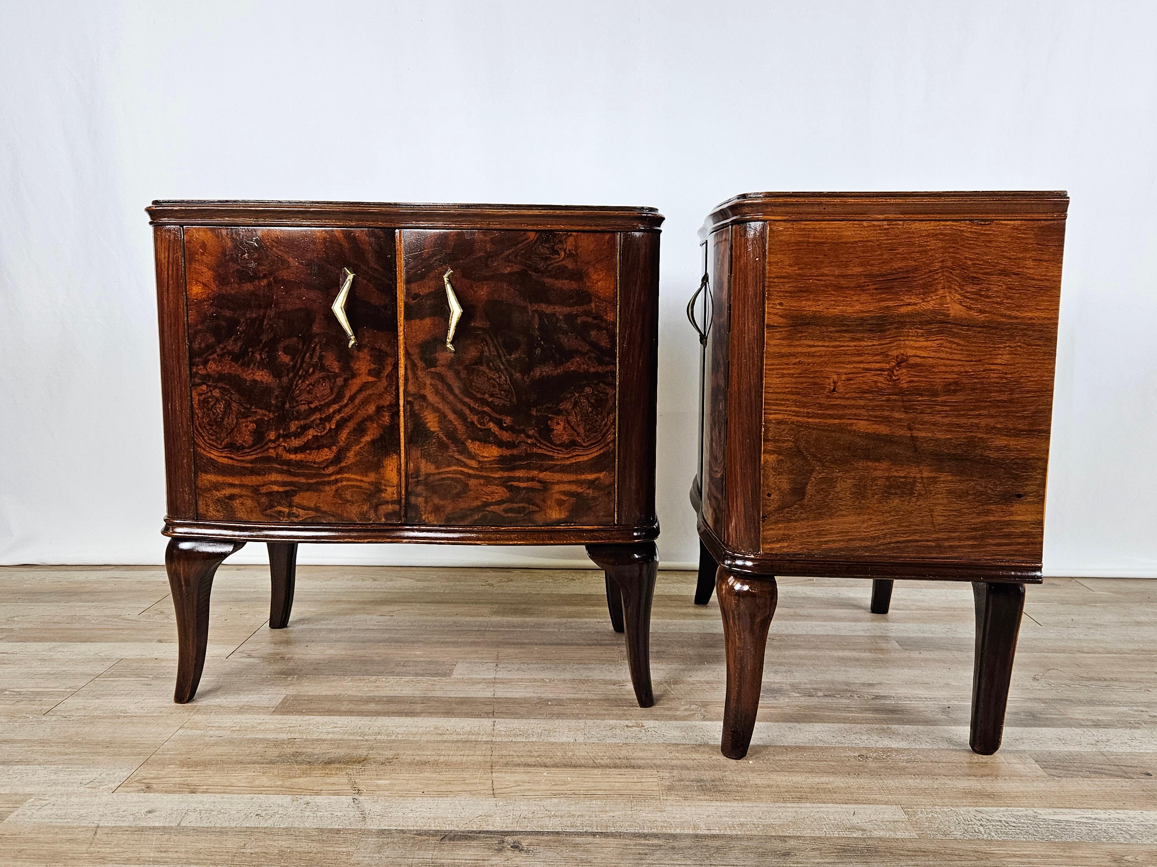 Mid-Century Modern Walnut bedside tables 1950s with brass handles and moved legs 20th century For Sale