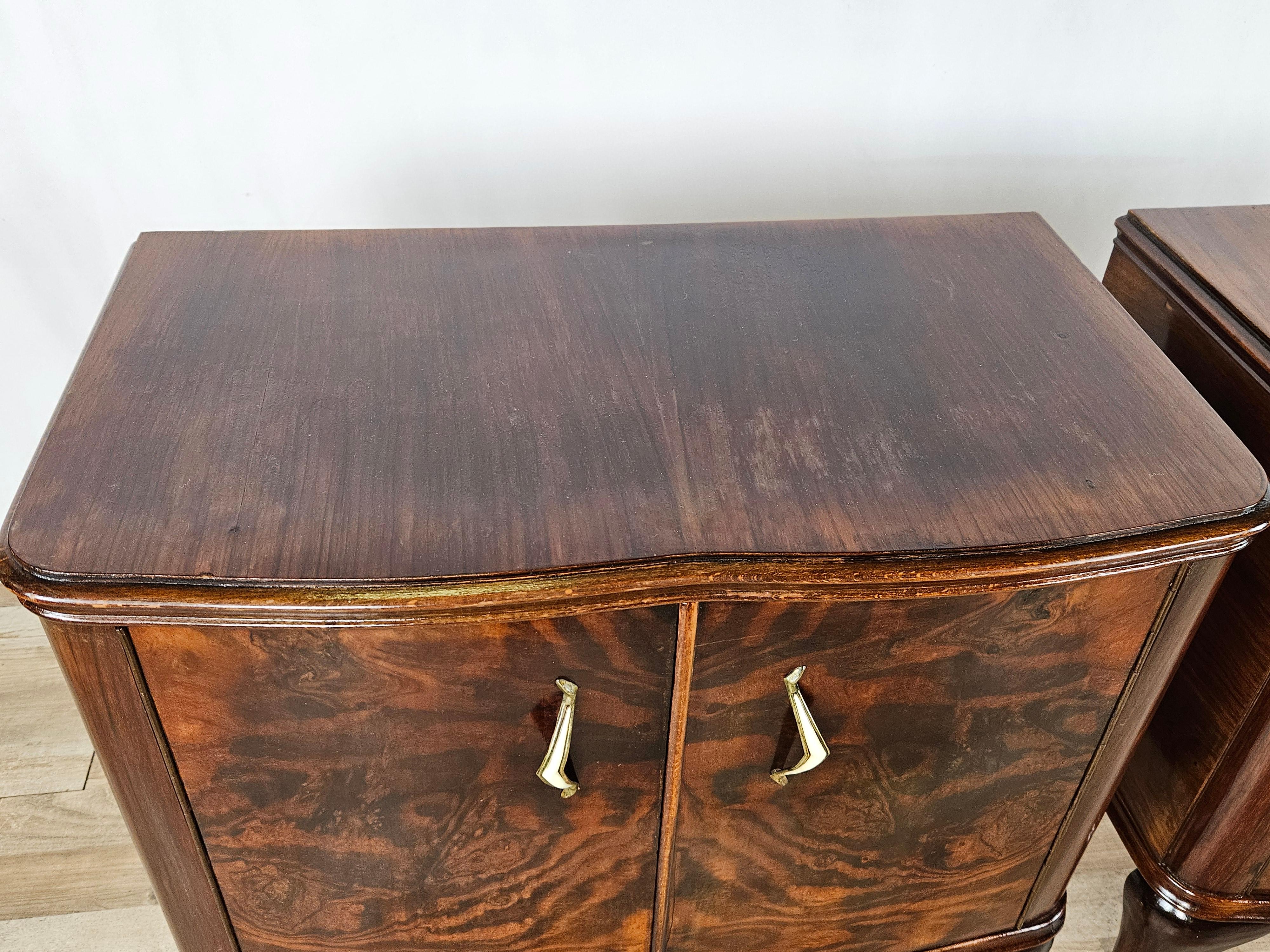 Mid-20th Century Walnut bedside tables 1950s with brass handles and moved legs 20th century For Sale