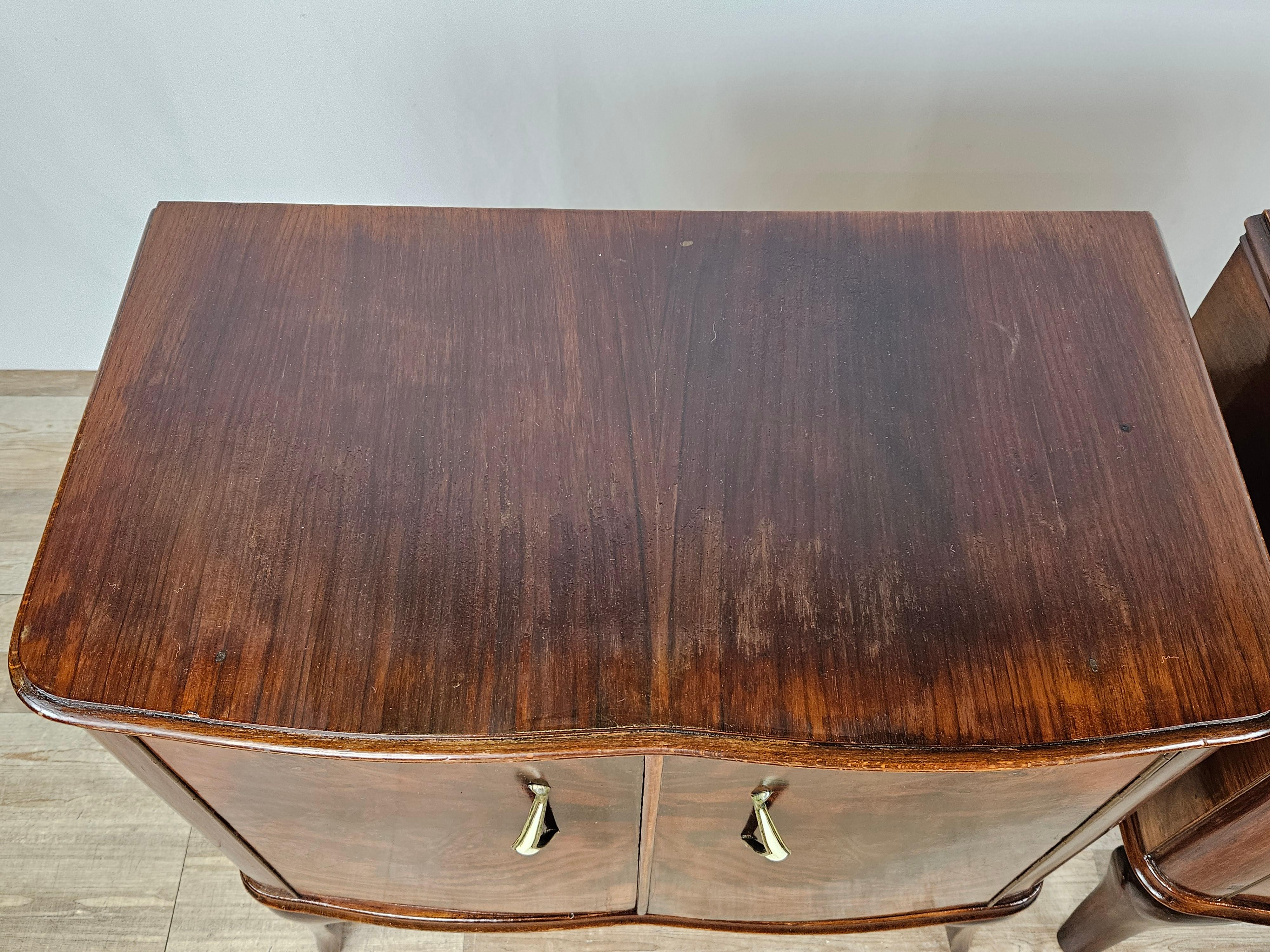 Brass Walnut bedside tables 1950s with brass handles and moved legs 20th century For Sale