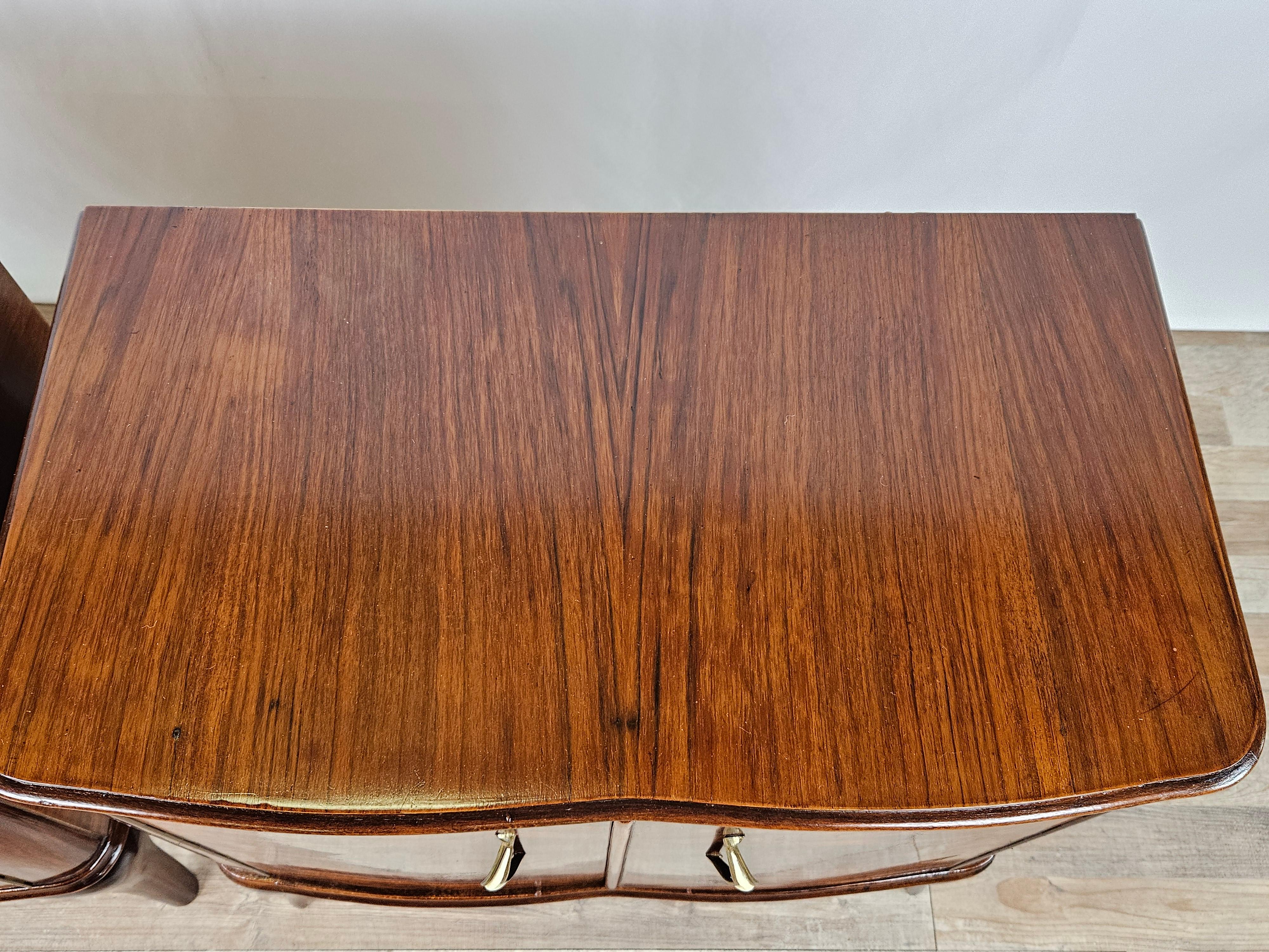 Walnut bedside tables 1950s with brass handles and moved legs 20th century For Sale 1