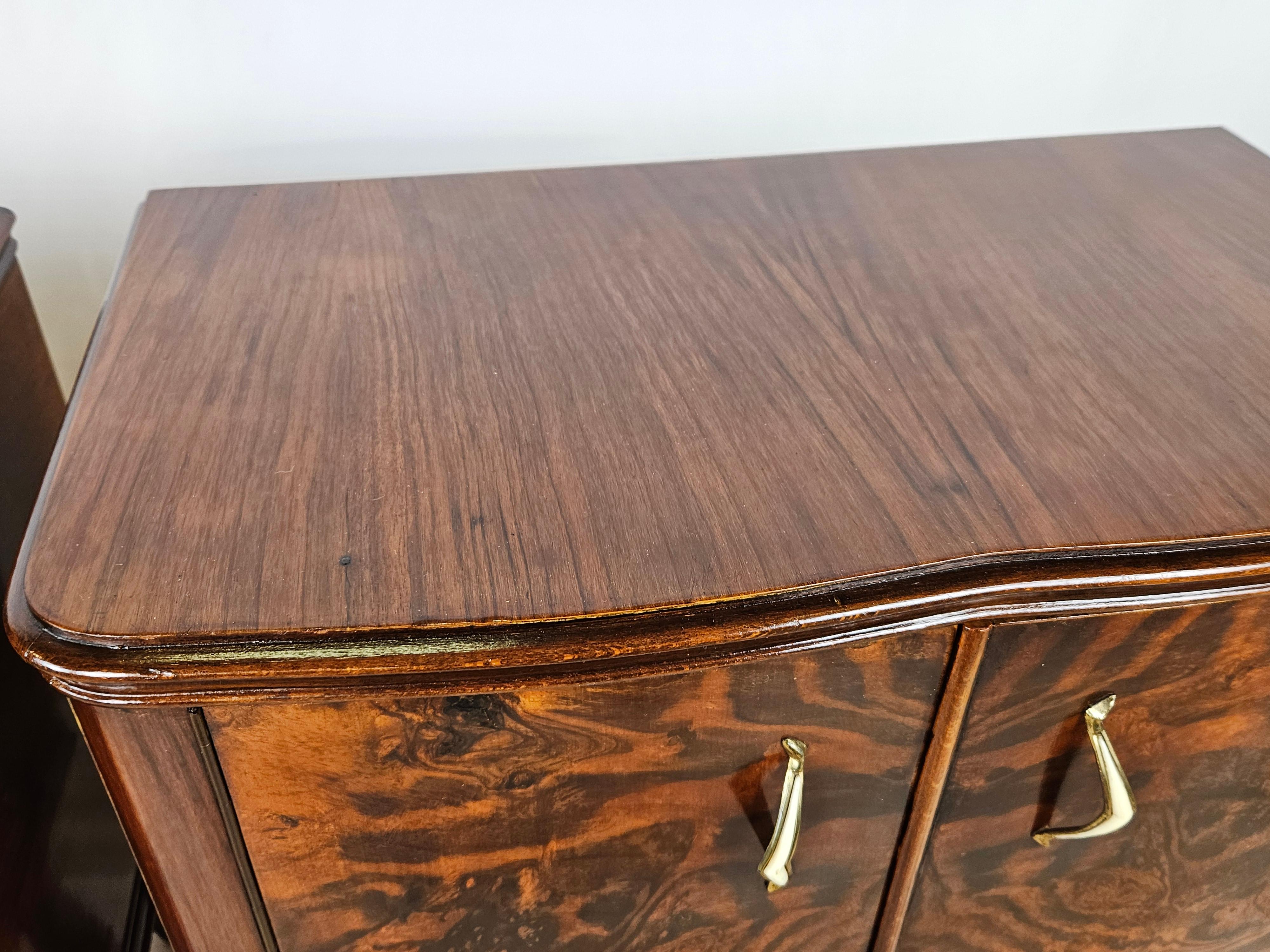 Walnut bedside tables 1950s with brass handles and moved legs 20th century For Sale 2