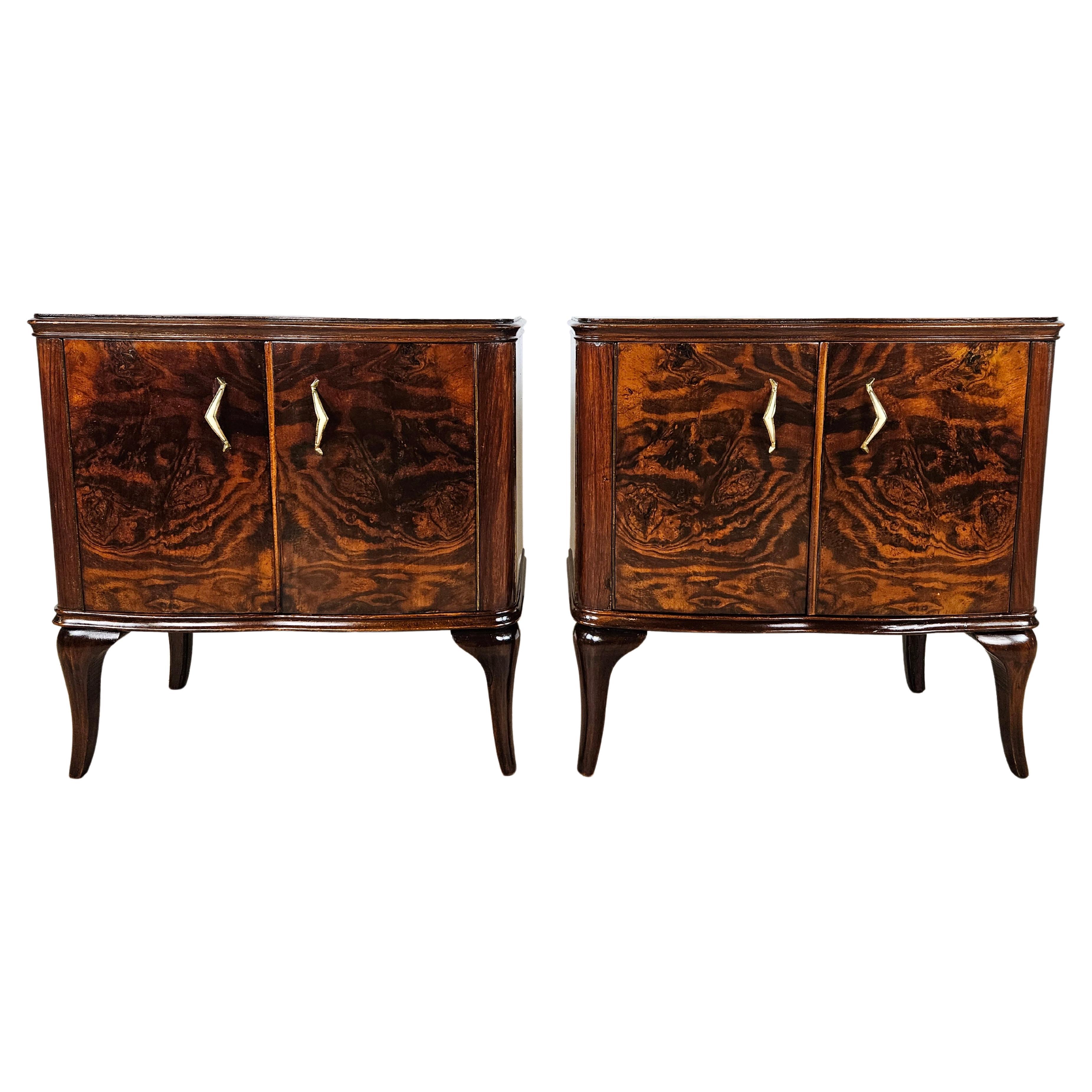 Walnut bedside tables 1950s with brass handles and moved legs 20th century For Sale