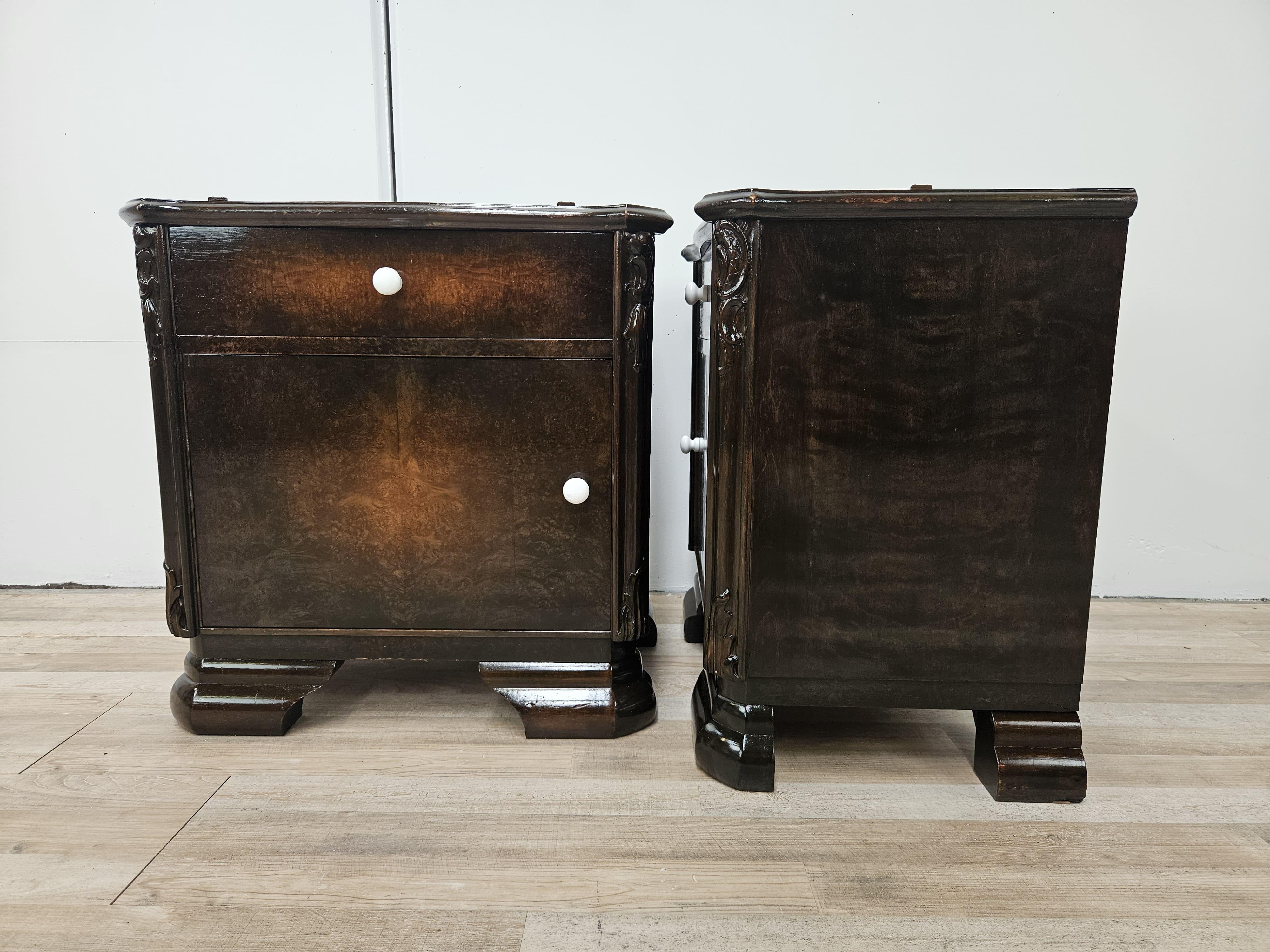 Mid-20th Century Art Deco period walnut bedside tables with drawer and door 20th century For Sale