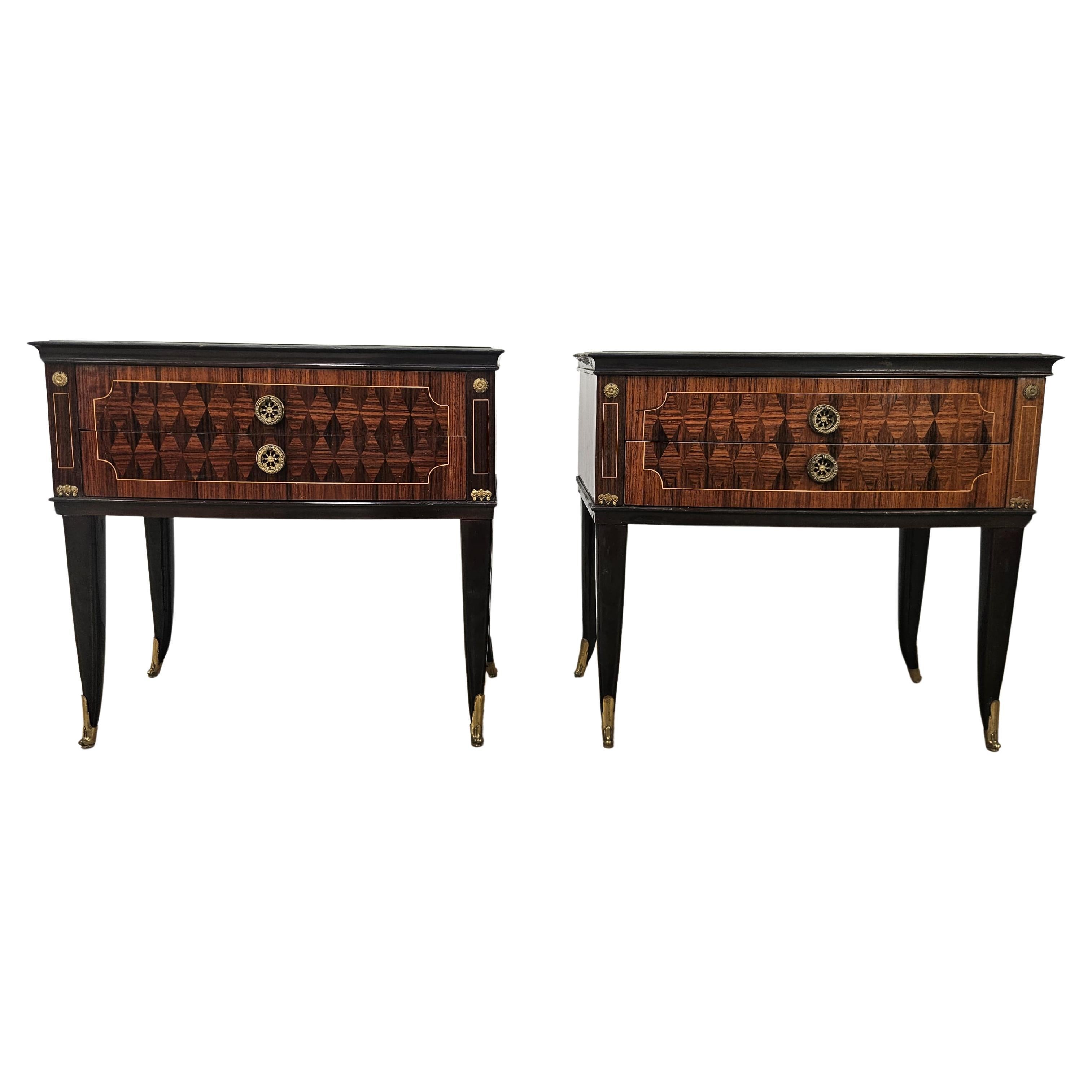 Italian mahogany and worked glass bedside tables with brass friezes, 1950s For Sale