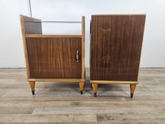 Mid Century wood and maple bedside tables with mirrors
