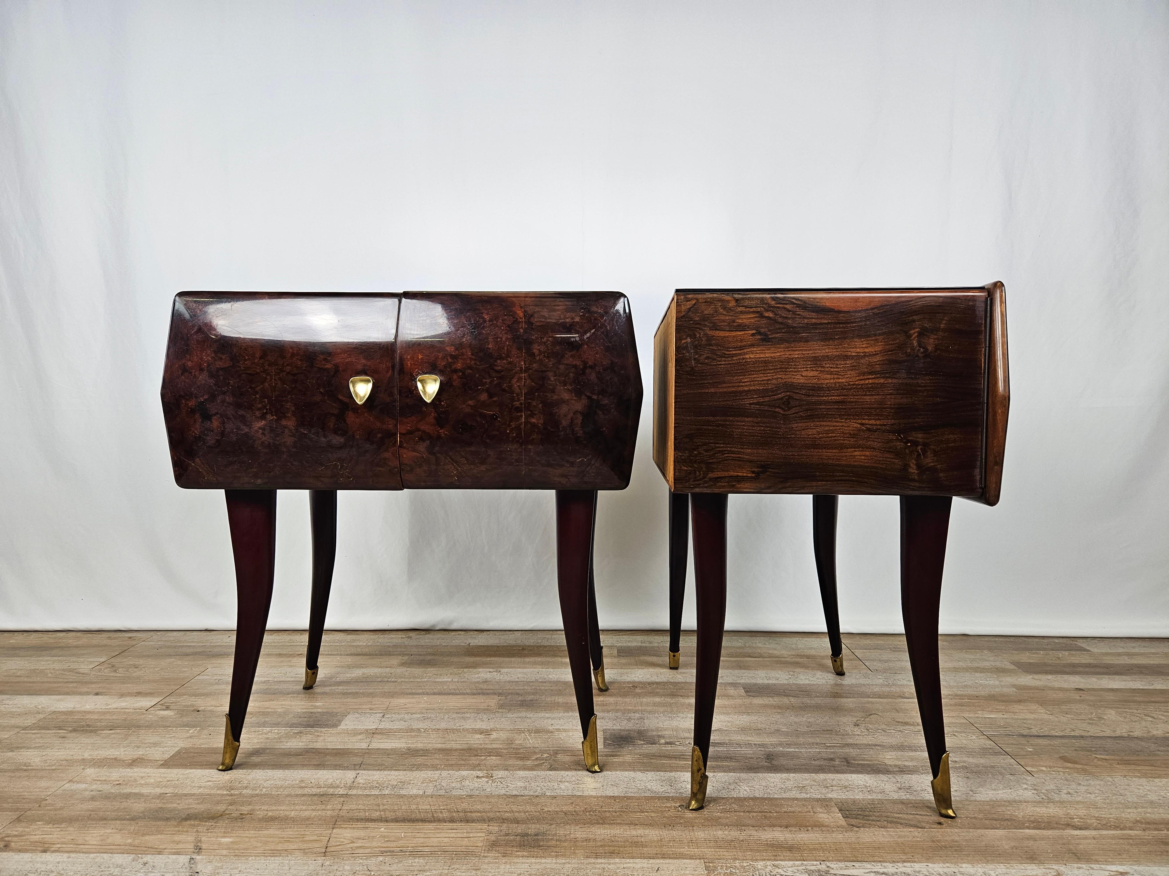 Mid-Century Modern Mid Century bedside tables in rosewood and maple with pink glass For Sale