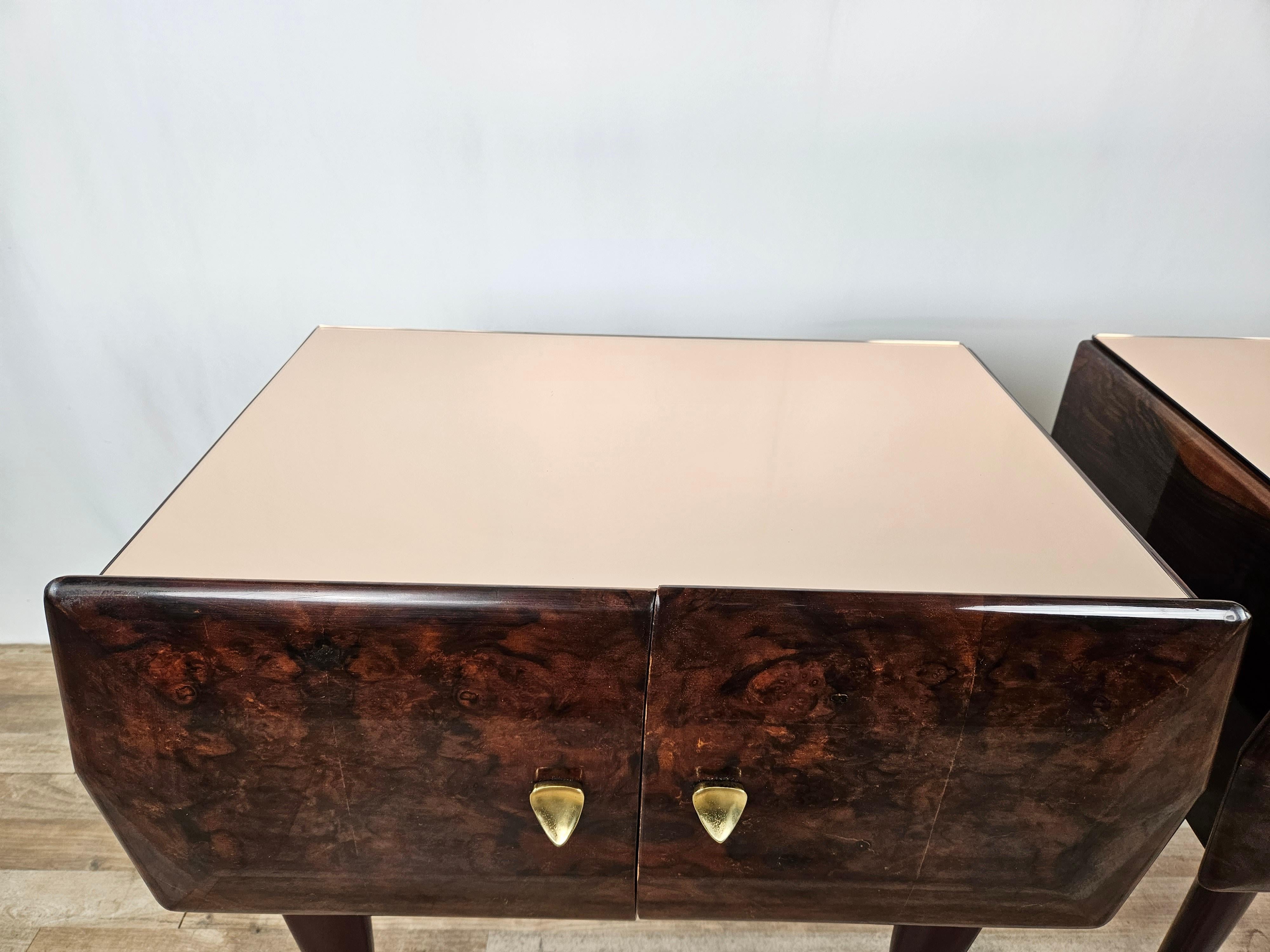 Mid-20th Century Mid Century bedside tables in rosewood and maple with pink glass For Sale