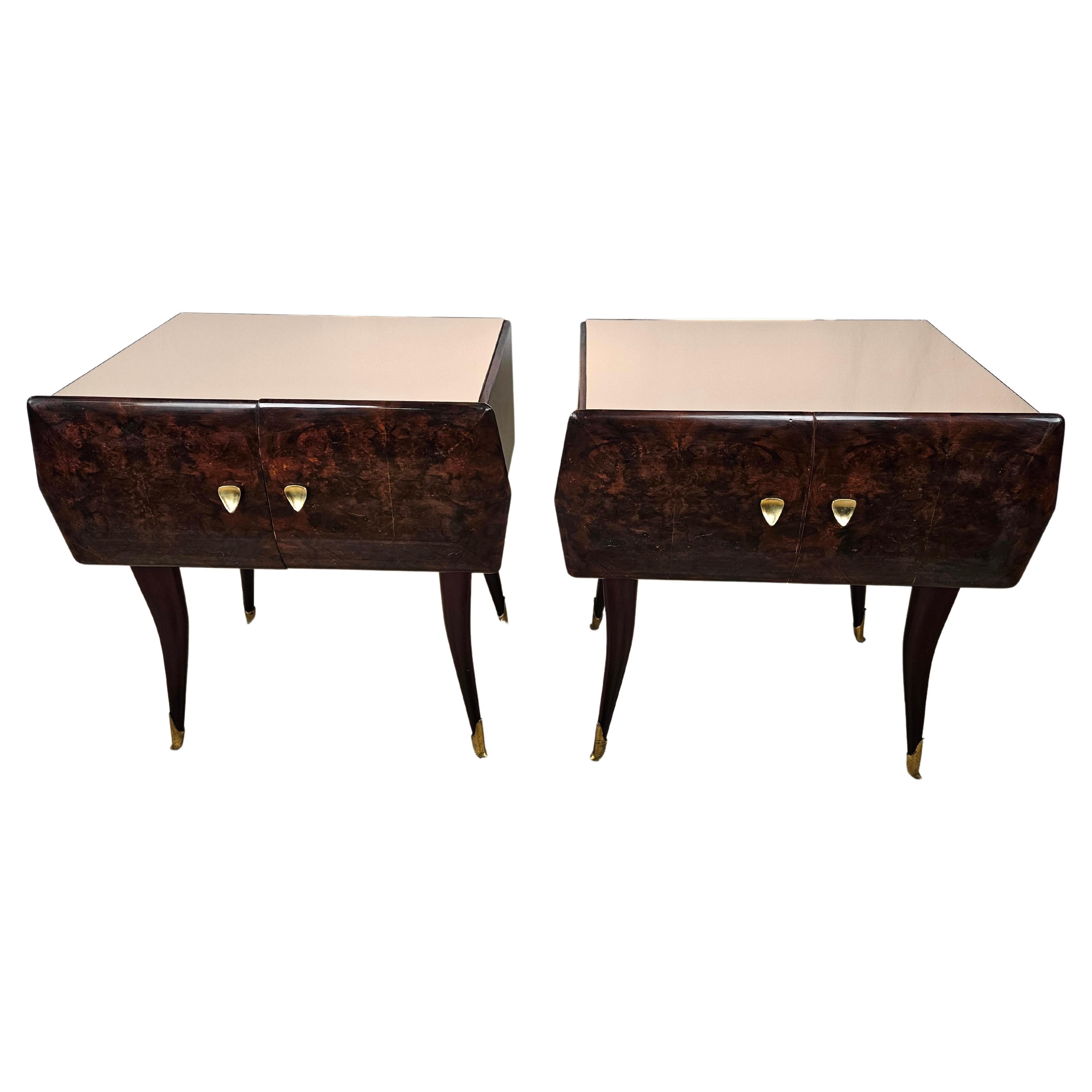Mid Century bedside tables in rosewood and maple with pink glass For Sale