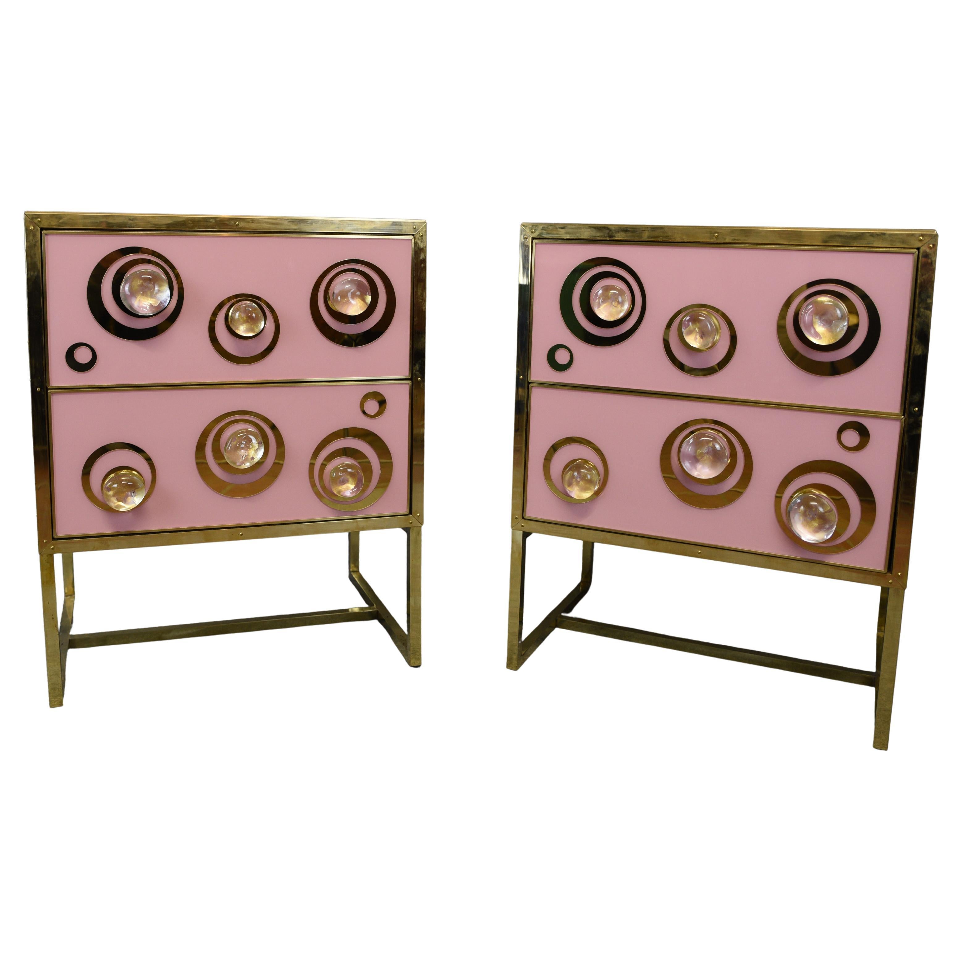 tables de chevet roses avec poignées en verre de Murano