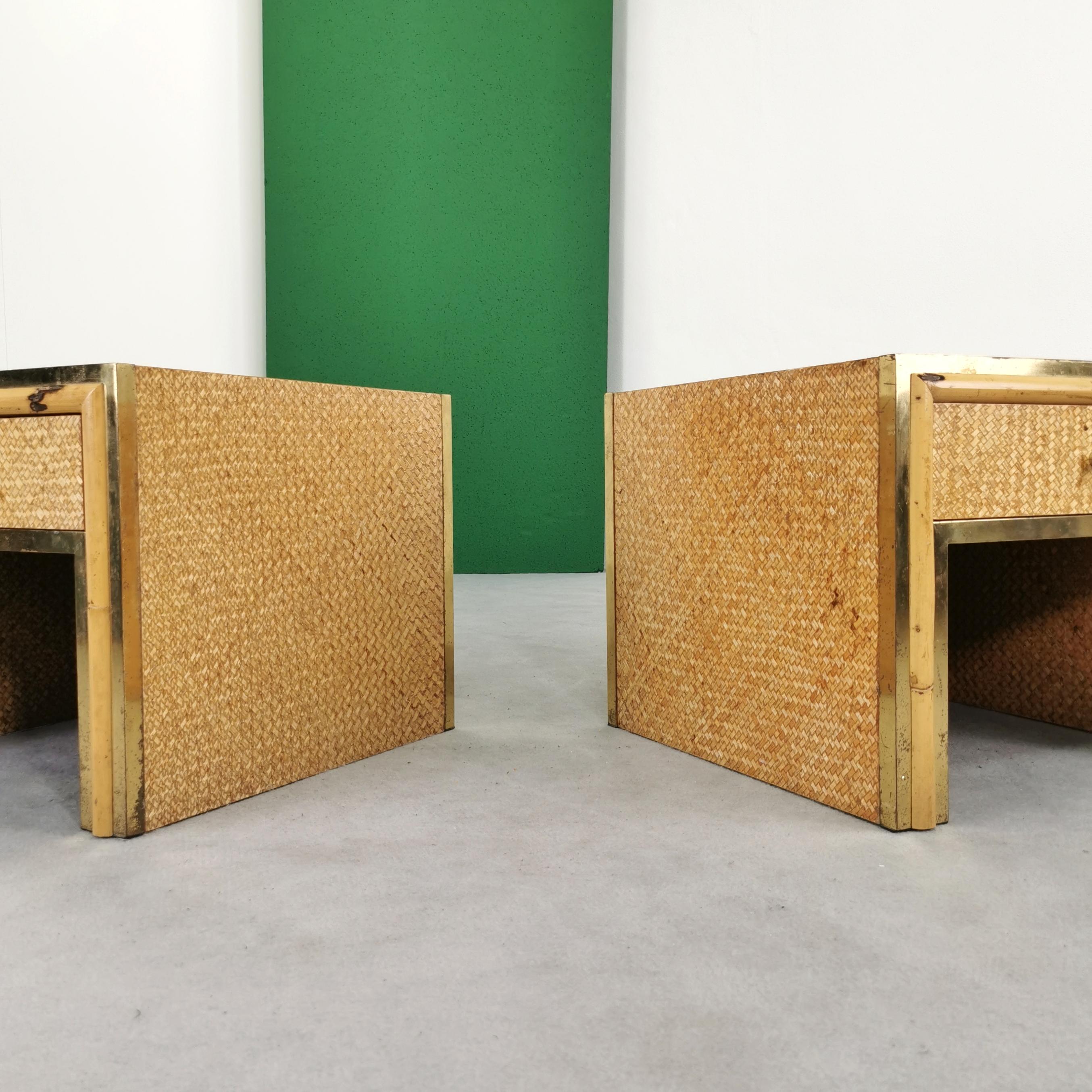 Vintage RATTAN bamboo and brass bedside tables 1970s attributed SOUTH NURSERIES In Good Condition For Sale In Milano, MI