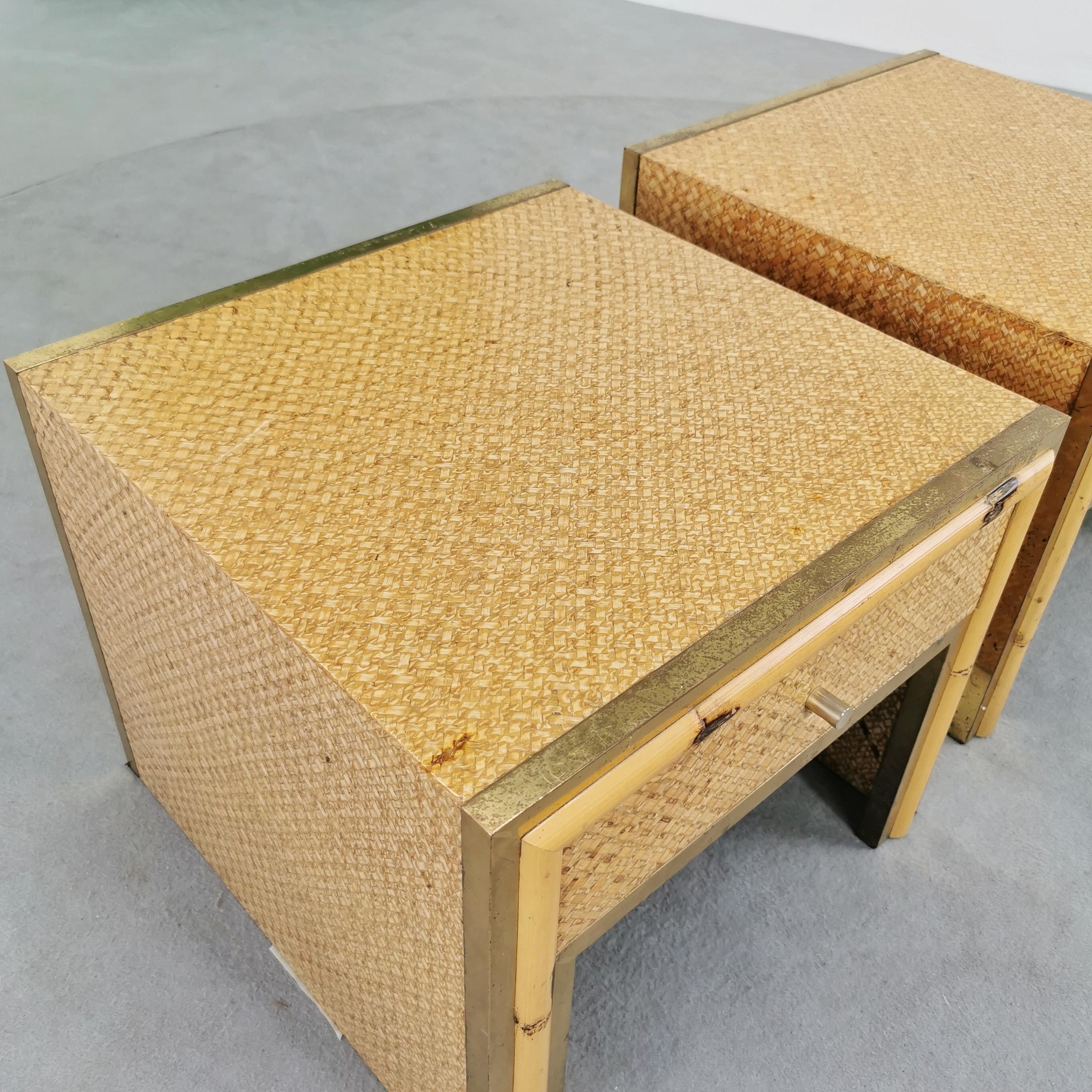 20th Century Vintage RATTAN bamboo and brass bedside tables 1970s attributed SOUTH NURSERIES For Sale