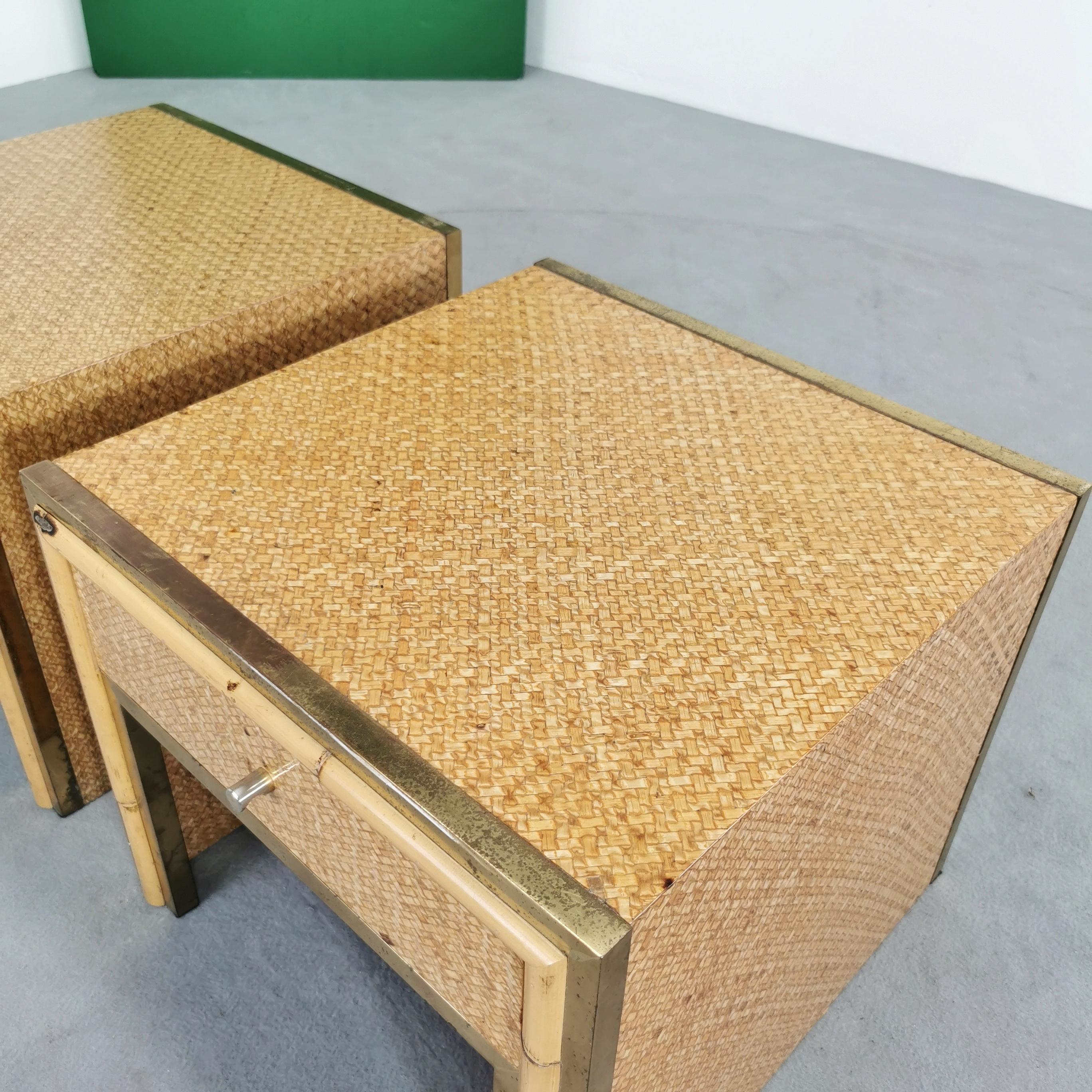 Brass Vintage RATTAN bamboo and brass bedside tables 1970s attributed SOUTH NURSERIES For Sale