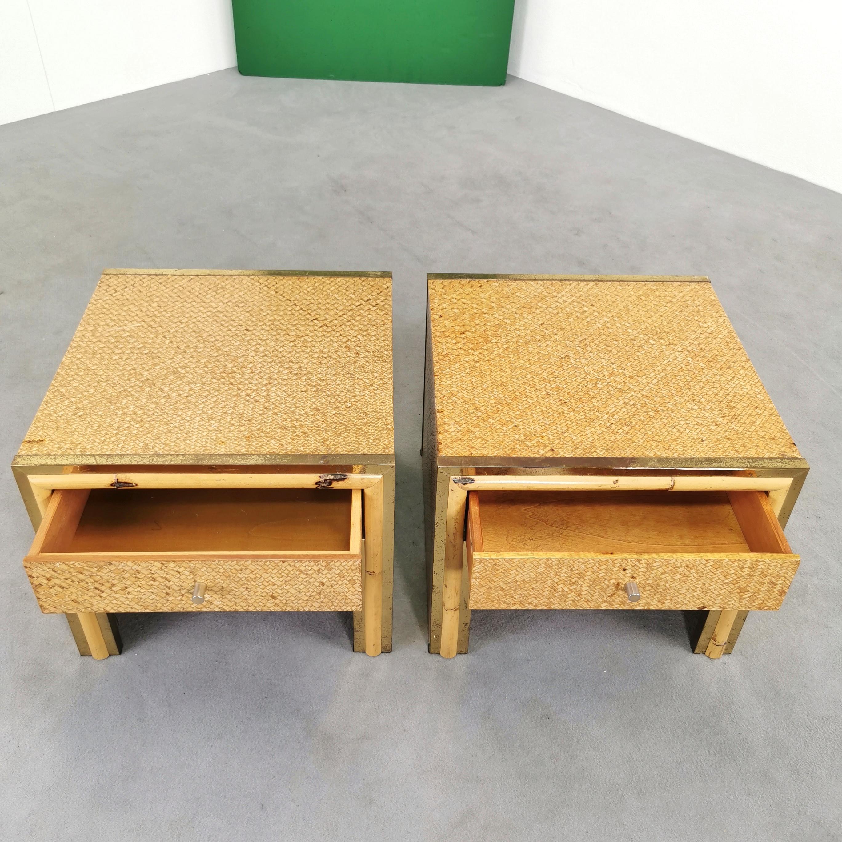 Vintage RATTAN bamboo and brass bedside tables 1970s attributed SOUTH NURSERIES For Sale 1