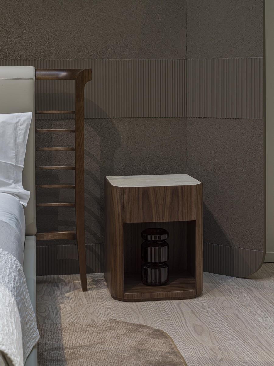 Modern Alma nightstand in Canaletto Walnut with matte Travertine marble top For Sale