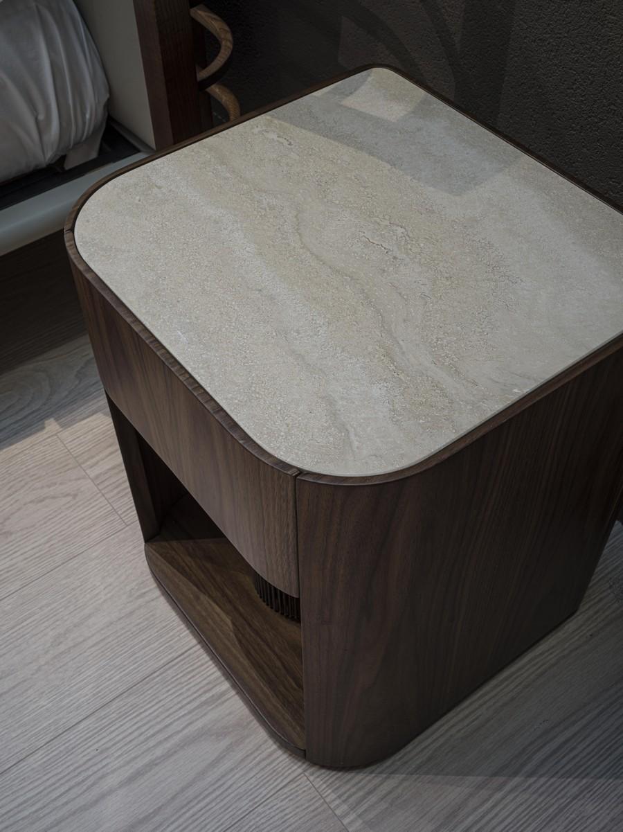 Italian Alma nightstand in Canaletto Walnut with matte Travertine marble top For Sale