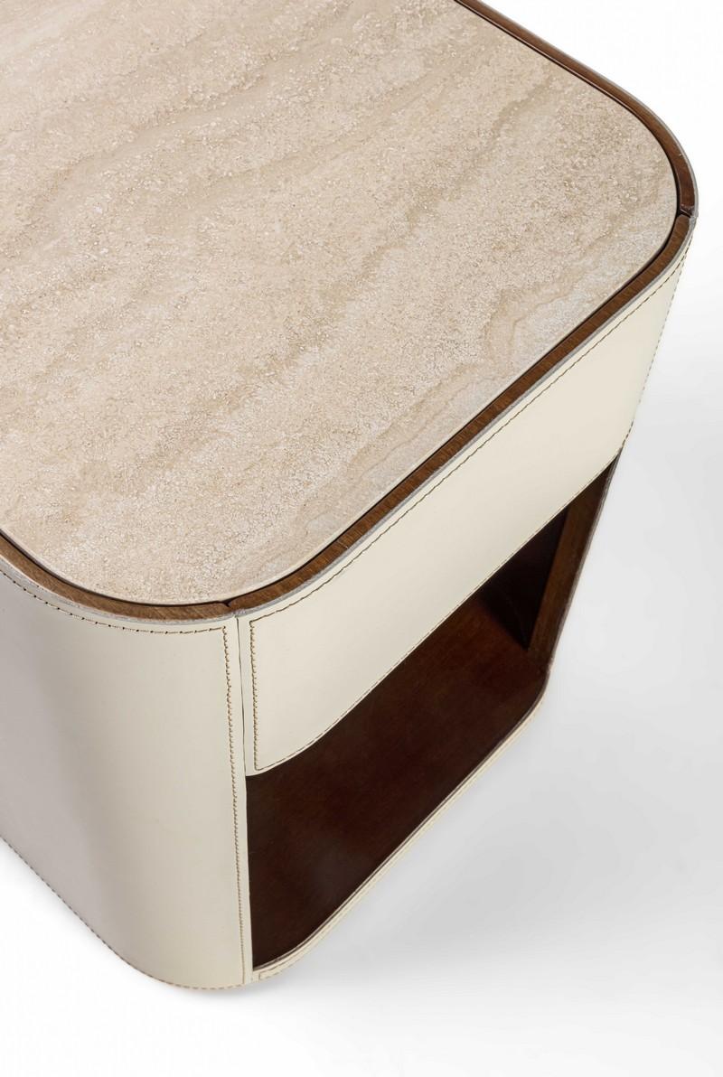 Modern Alma leather-covered nightstand with matte Travertine marble top For Sale