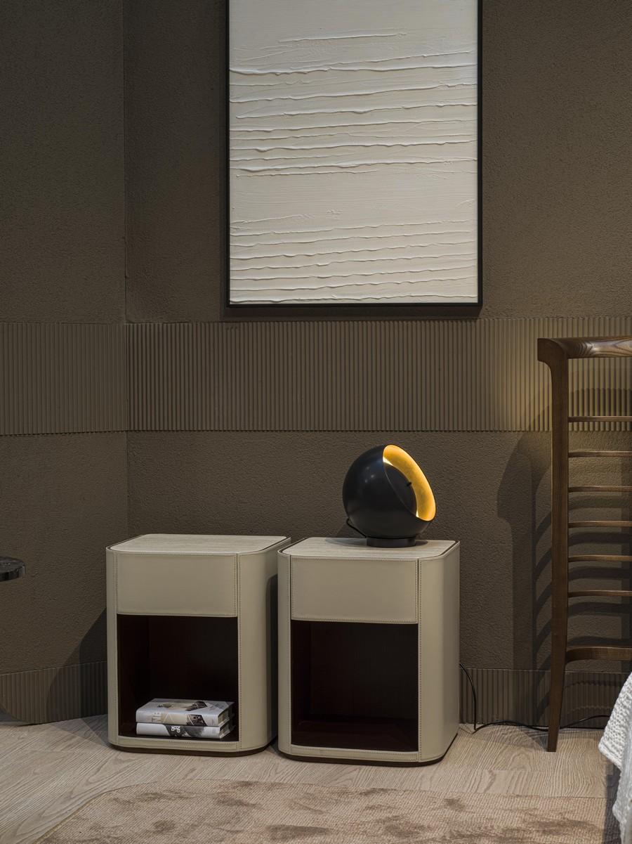Italian Alma leather-covered nightstand with matte Travertine marble top For Sale