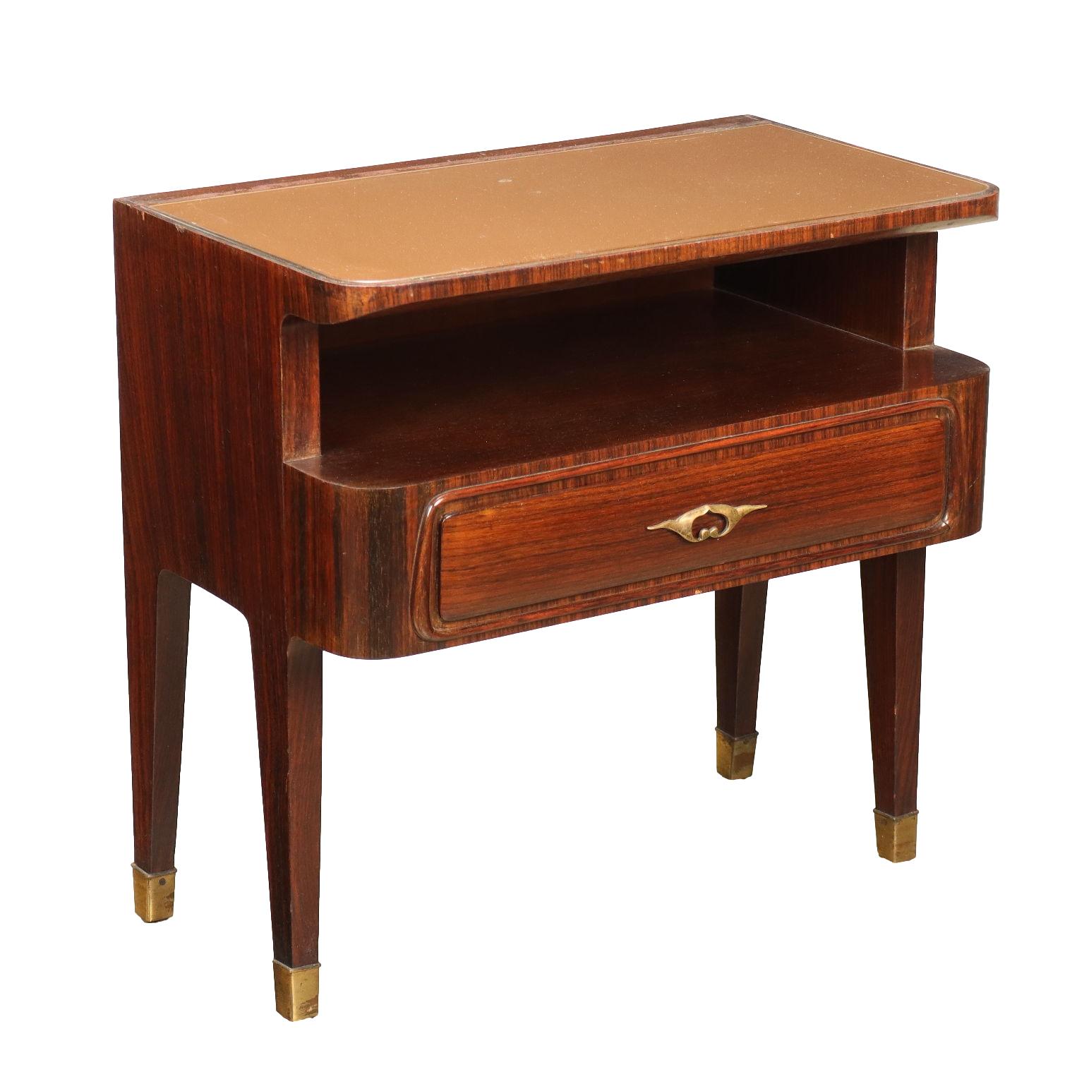 Nightstand with drawer and open compartment, exotic wood veneer, back-treated glass, brass. Good conditions.