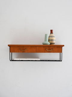 Table de chevet murale en teck vintage scandinave avec deux tiroirs