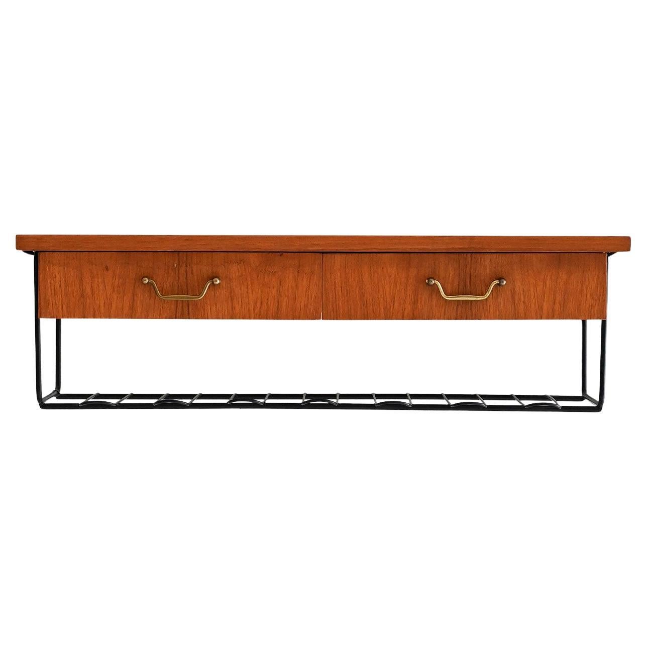 Table de chevet murale en teck vintage scandinave avec deux tiroirs