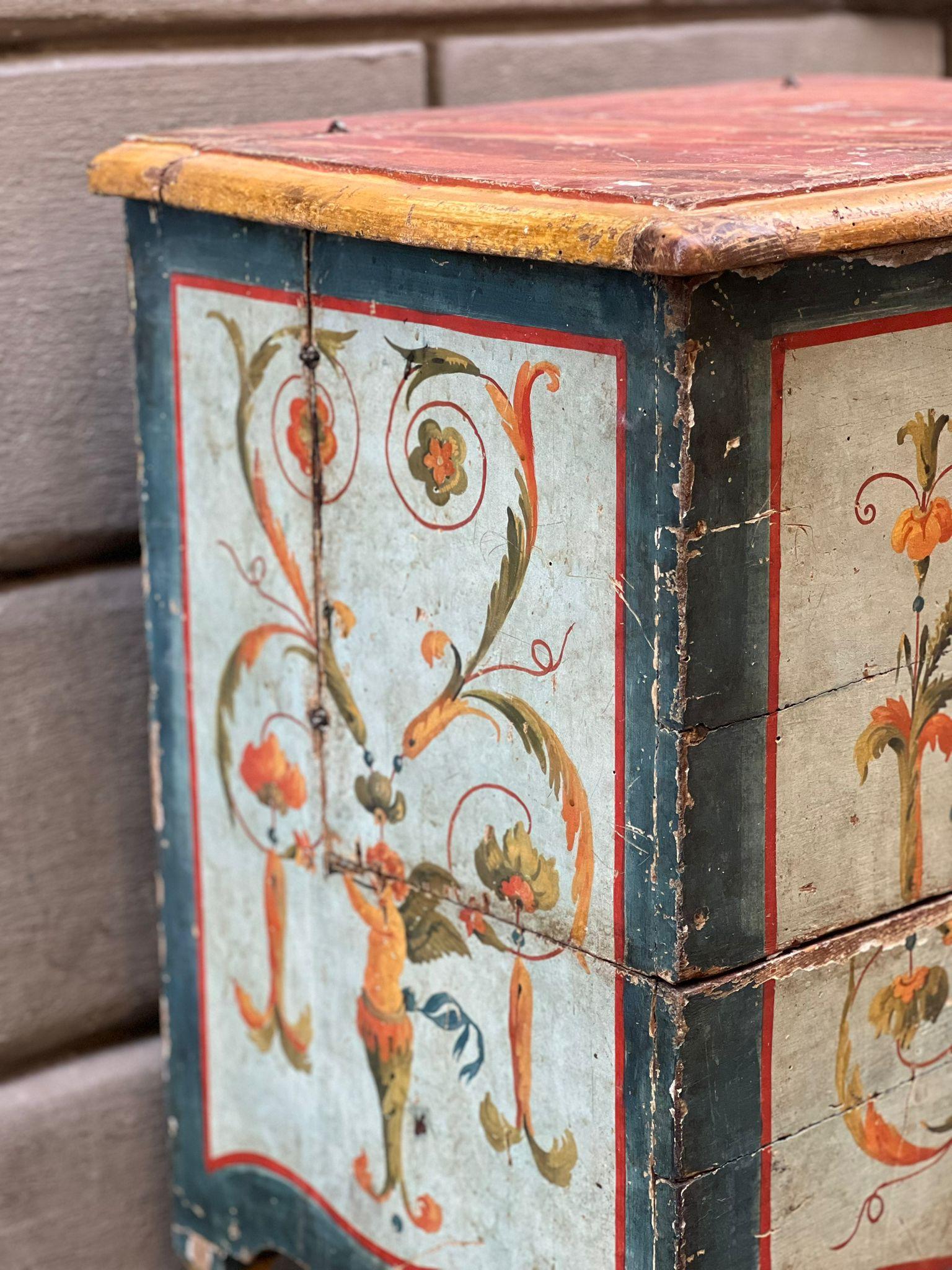 Wood Bedside table painted with grotesques For Sale