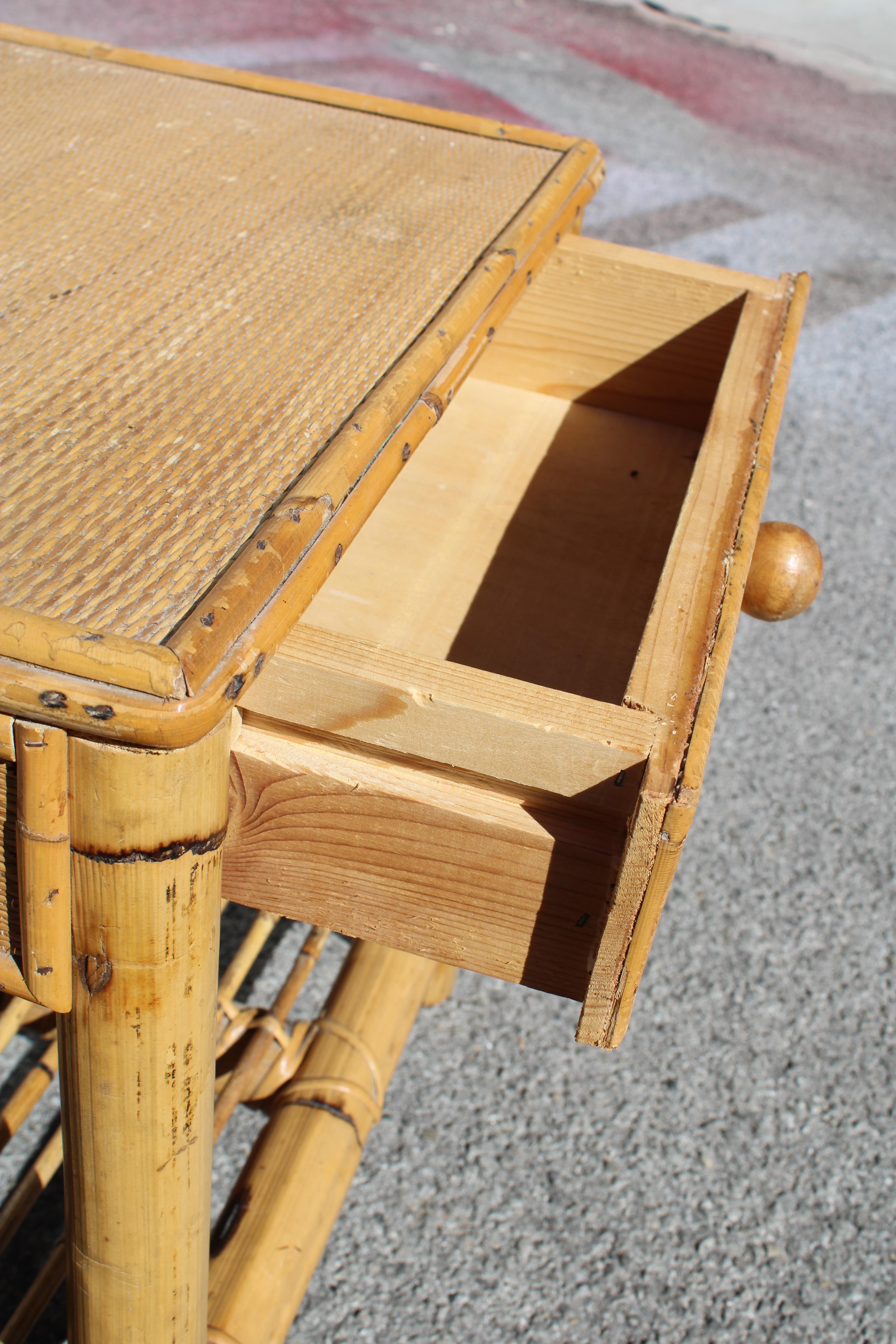 Bedside table in Rush and Bamboo Italy 1950s with drawer For Sale 5