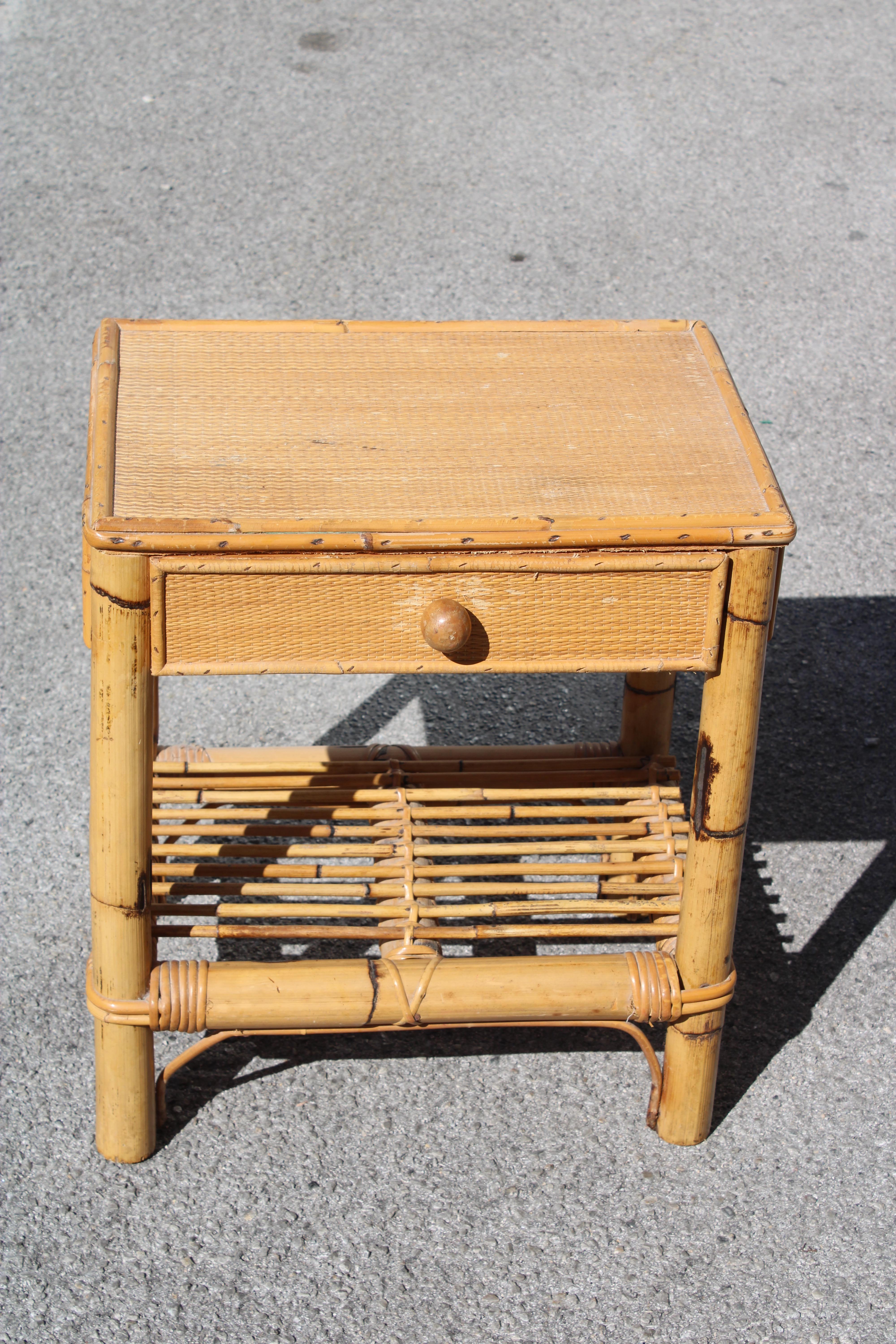 small bedside table in rush and bamboo with drawer Italy 1950s