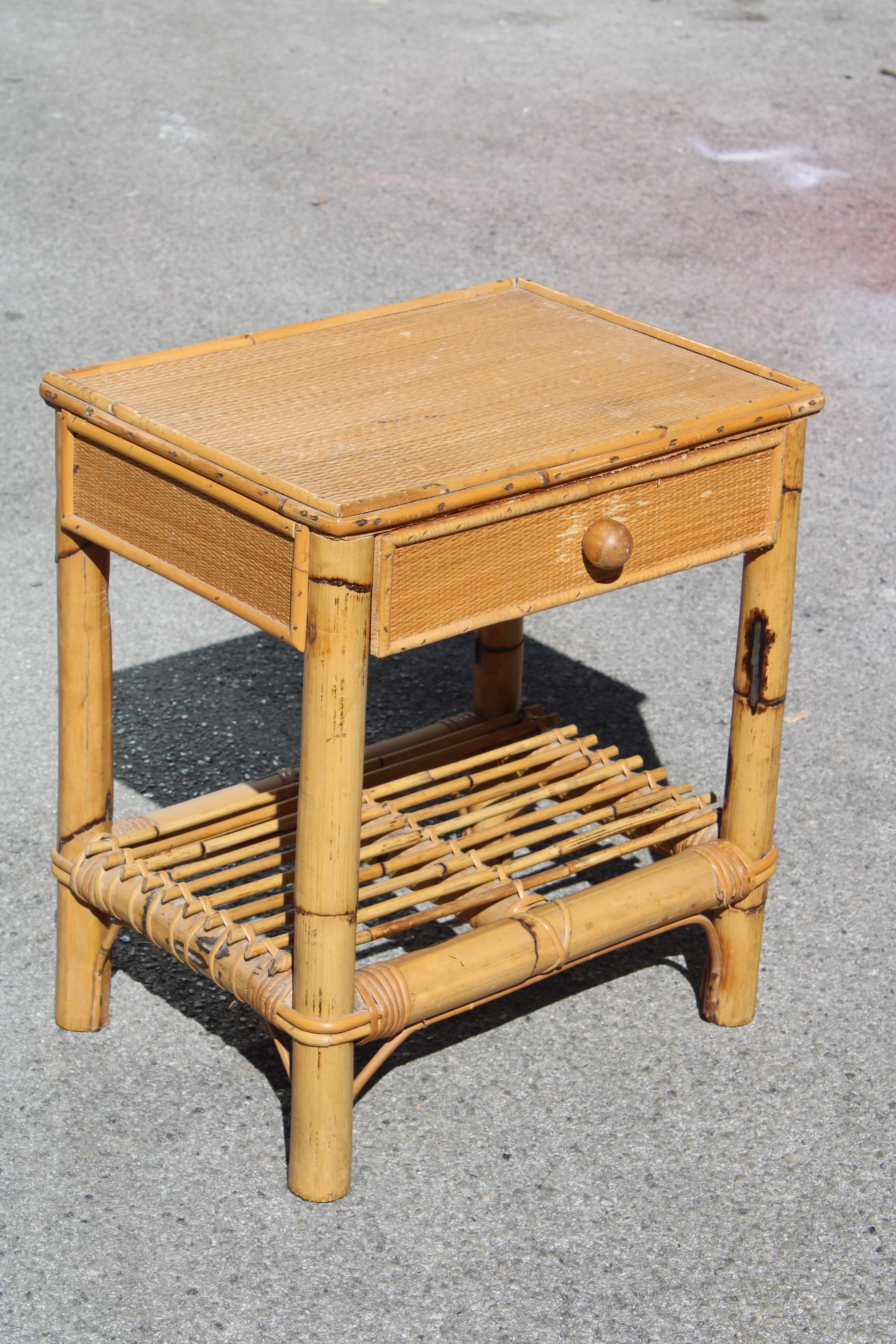 Mid-Century Modern Bedside table in Rush and Bamboo Italy 1950s with drawer For Sale