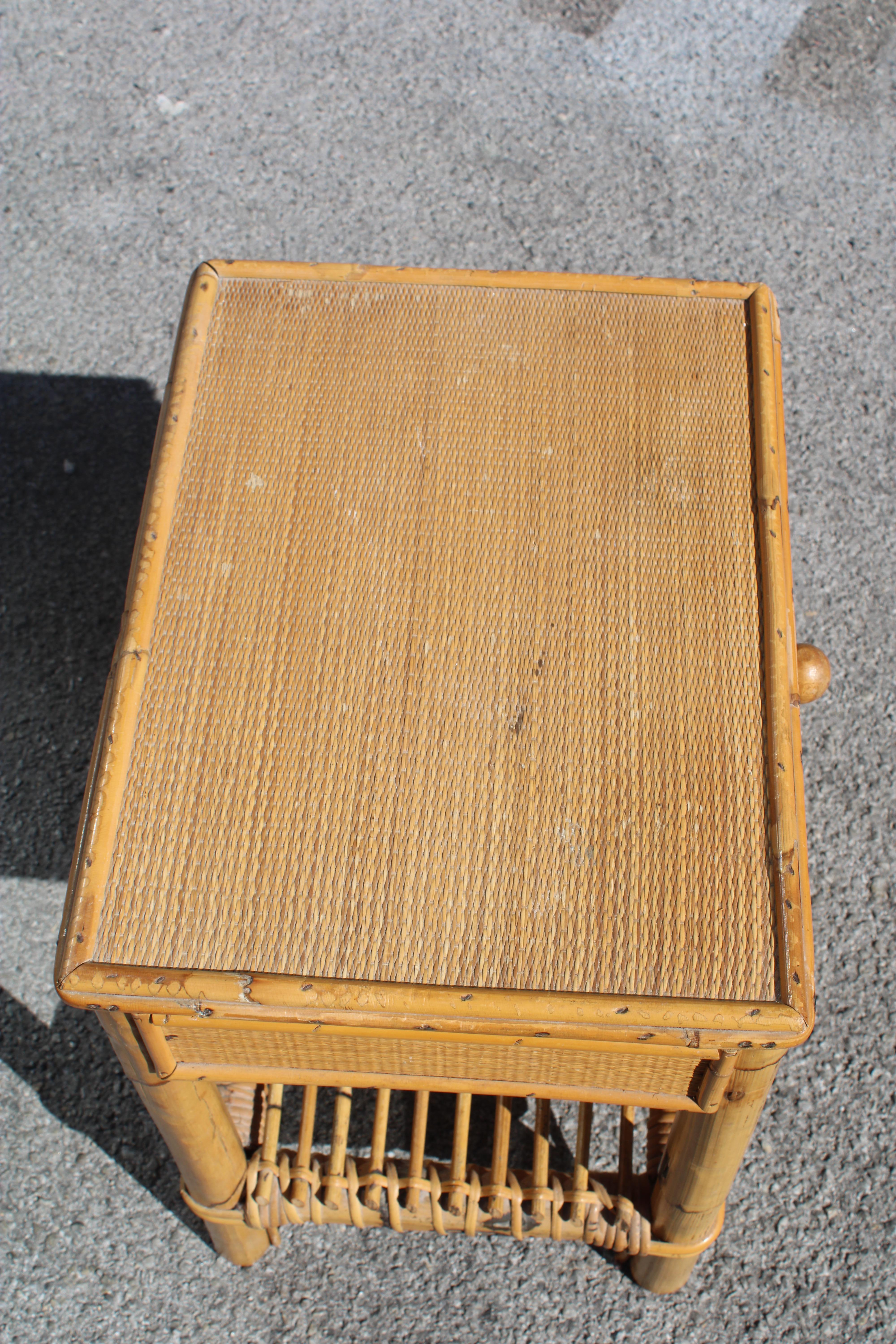 Italian Bedside table in Rush and Bamboo Italy 1950s with drawer For Sale