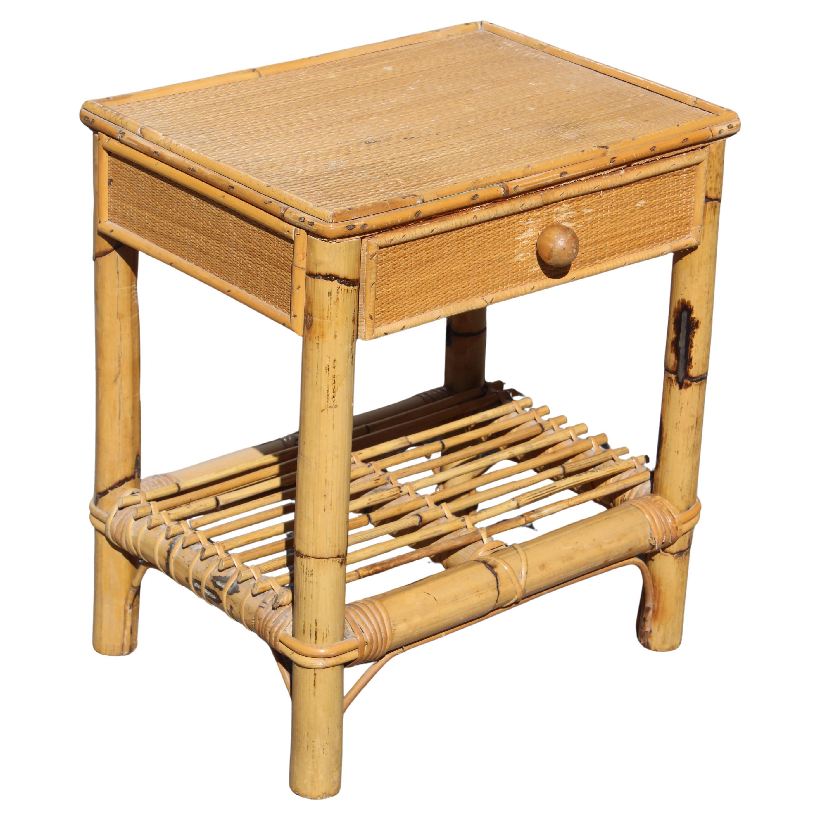 Bedside table in Rush and Bamboo Italy 1950s with drawer For Sale
