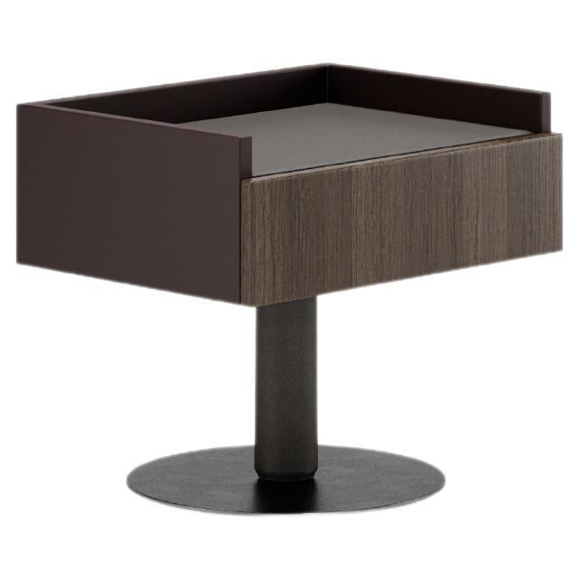 Roger nightstand, lacquered case frame, wooden drawer, metal base For Sale