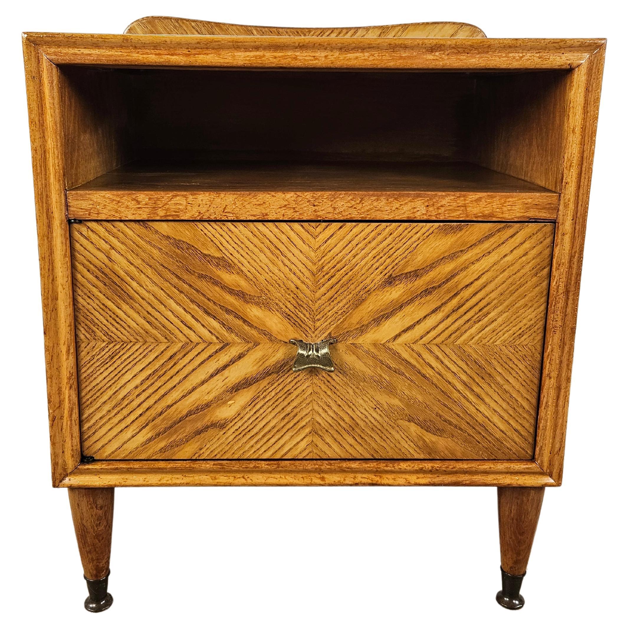 1950s blond walnut single bedside table with flap