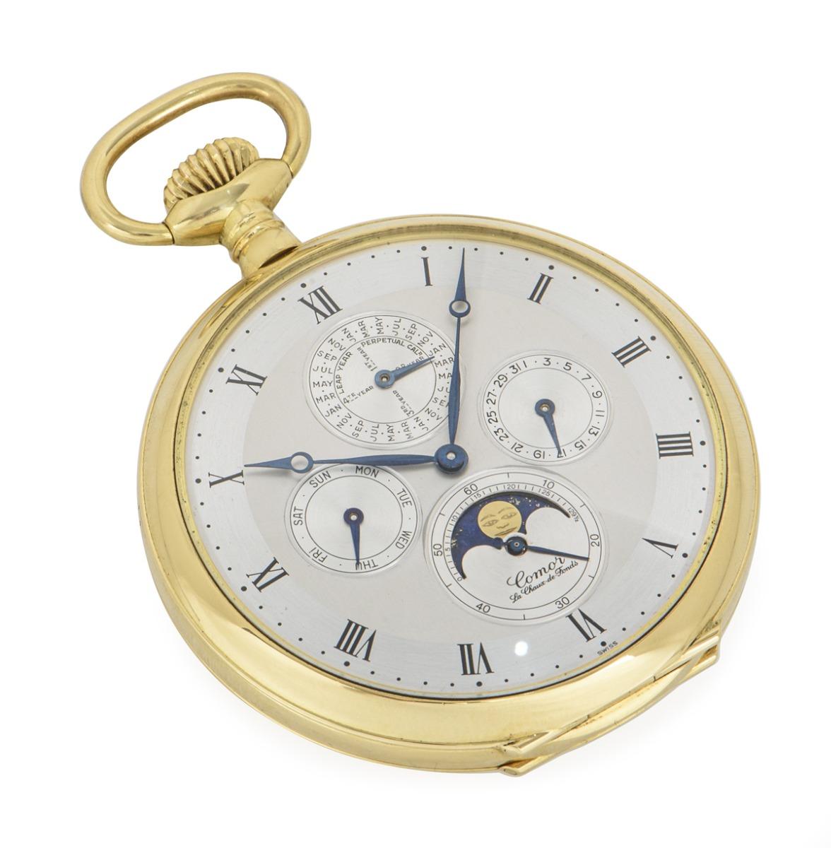 Reloj de bolsillo Comor de oro amarillo de 18 quilates con calendario perpetuo sin llave y esfera abierta en venta 1