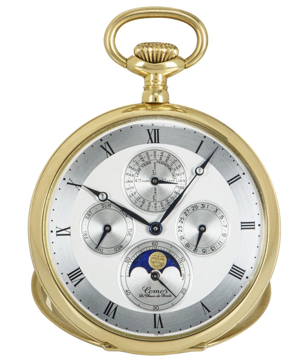 Reloj de bolsillo Comor de oro amarillo de 18 quilates con calendario perpetuo sin llave y esfera abierta en venta 3