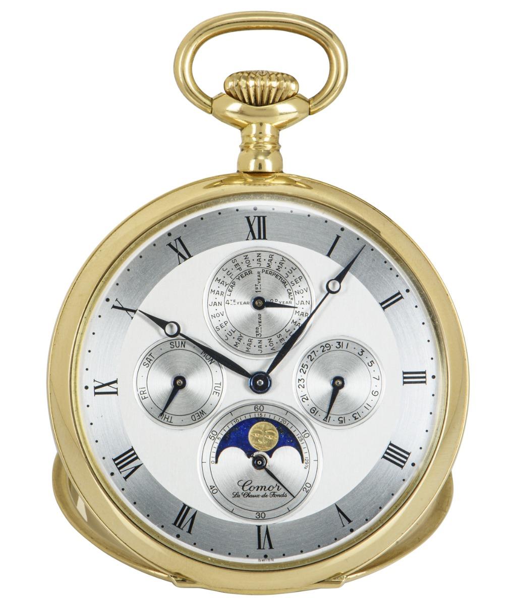 Women's or Men's Comor 18kt Yellow Gold Open Face Keyless Lever Perpetual Calendar Pocket Watch  For Sale